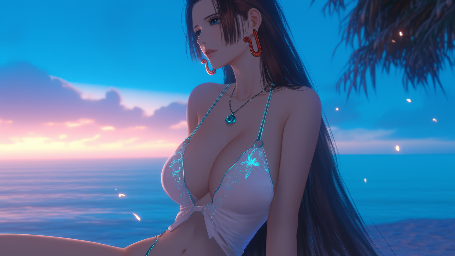 Boa Hancock resting at the beach during a romantic neon pink sunset.