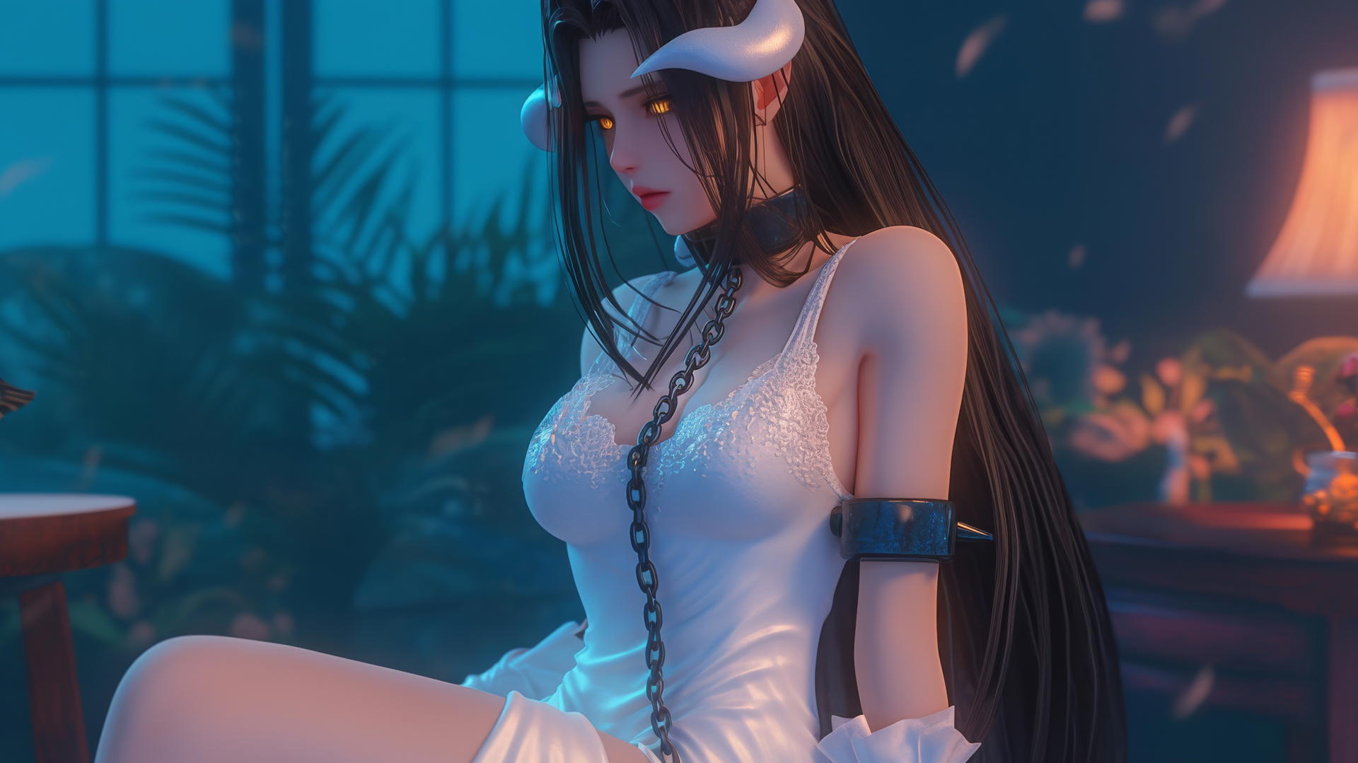 Albedo from Overlord chained in a modern hotel room with a warm glow