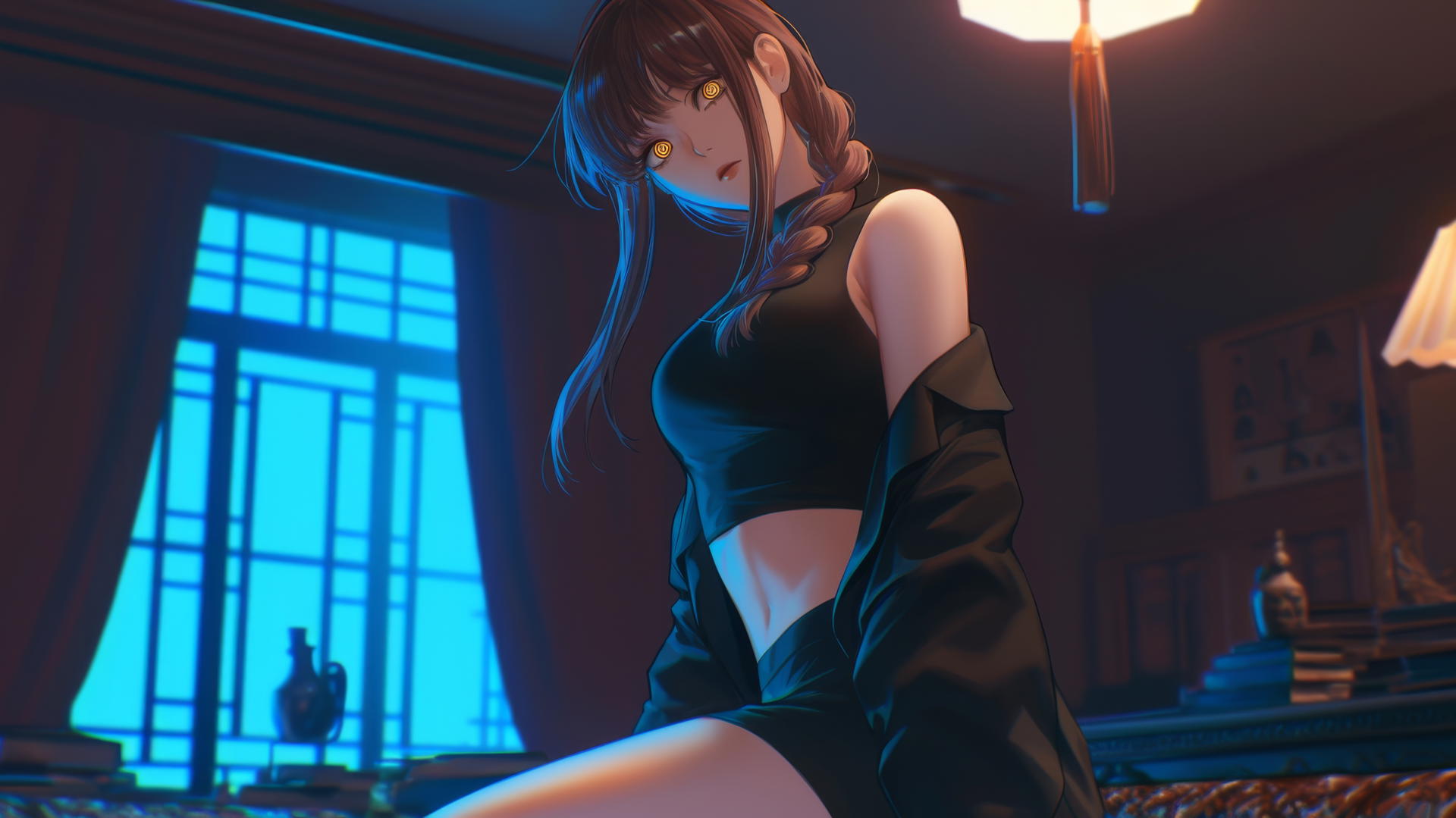 Makima from Chainsaw Man kneeling and looking down, neon-lit modern hotel room