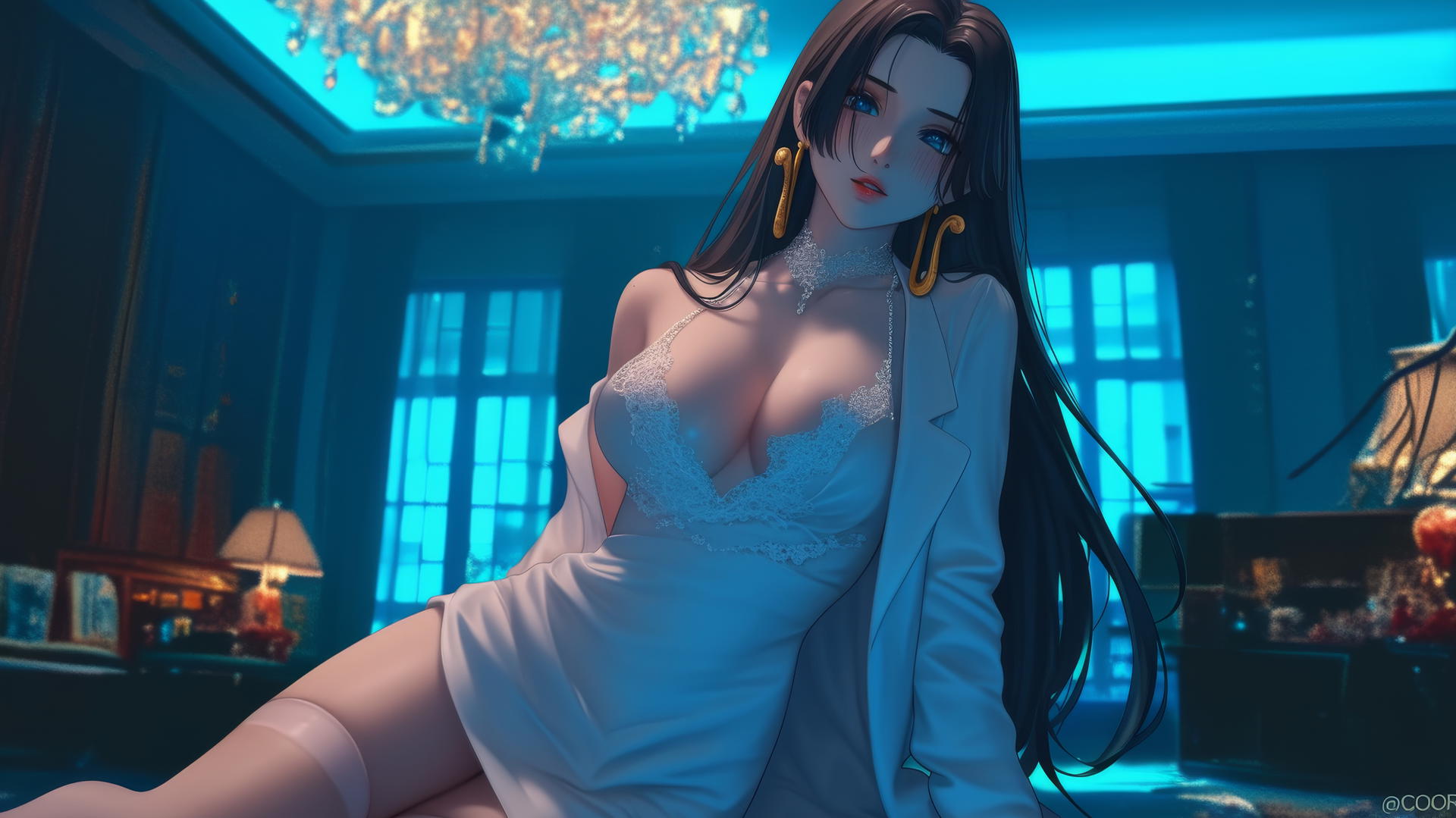 Boa Hancock kneeling, looking down, illuminated by neon hotel room light