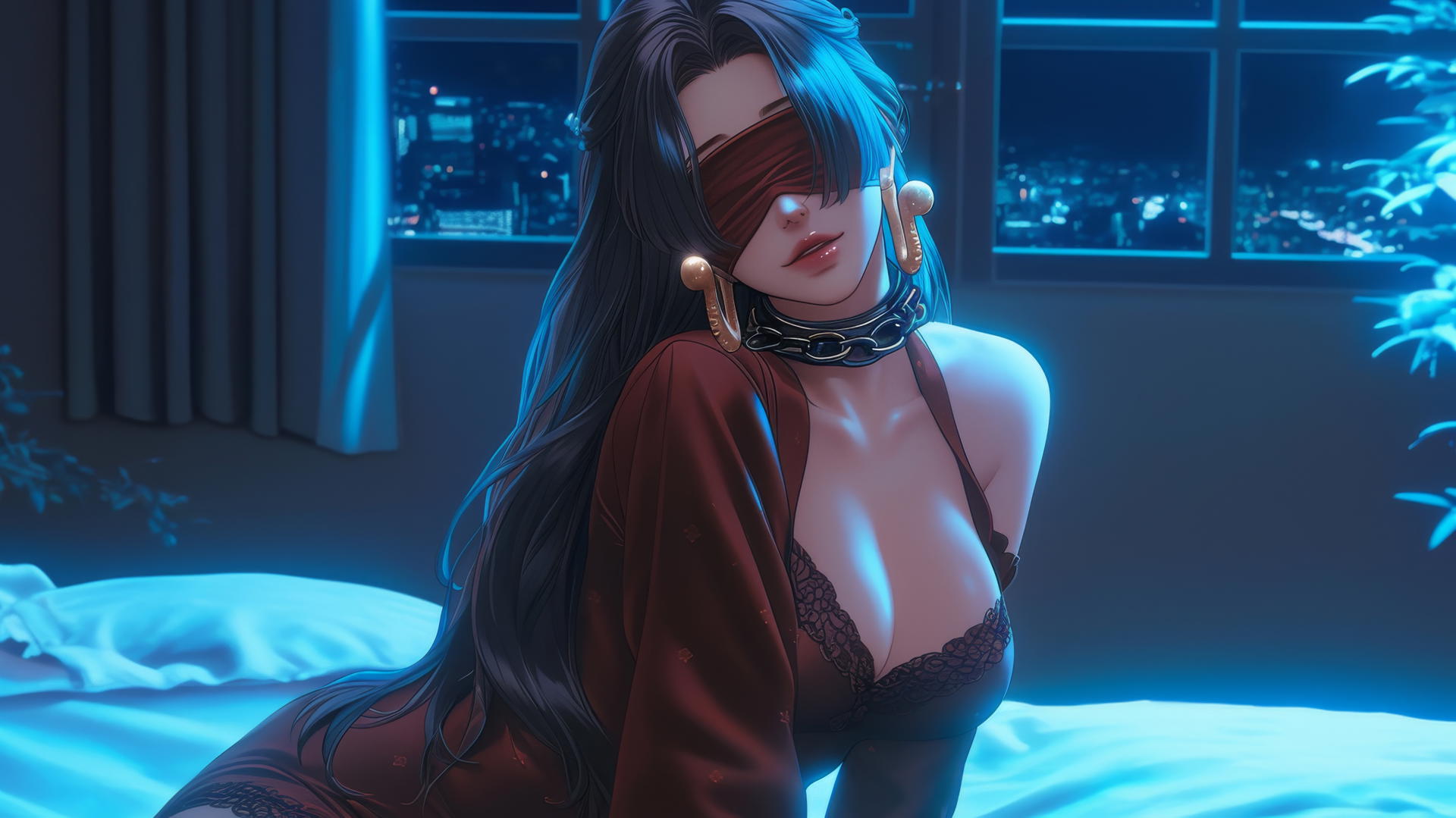 Blindfolded Boa Hancock kneeling in a neon-lit modern hotel room.