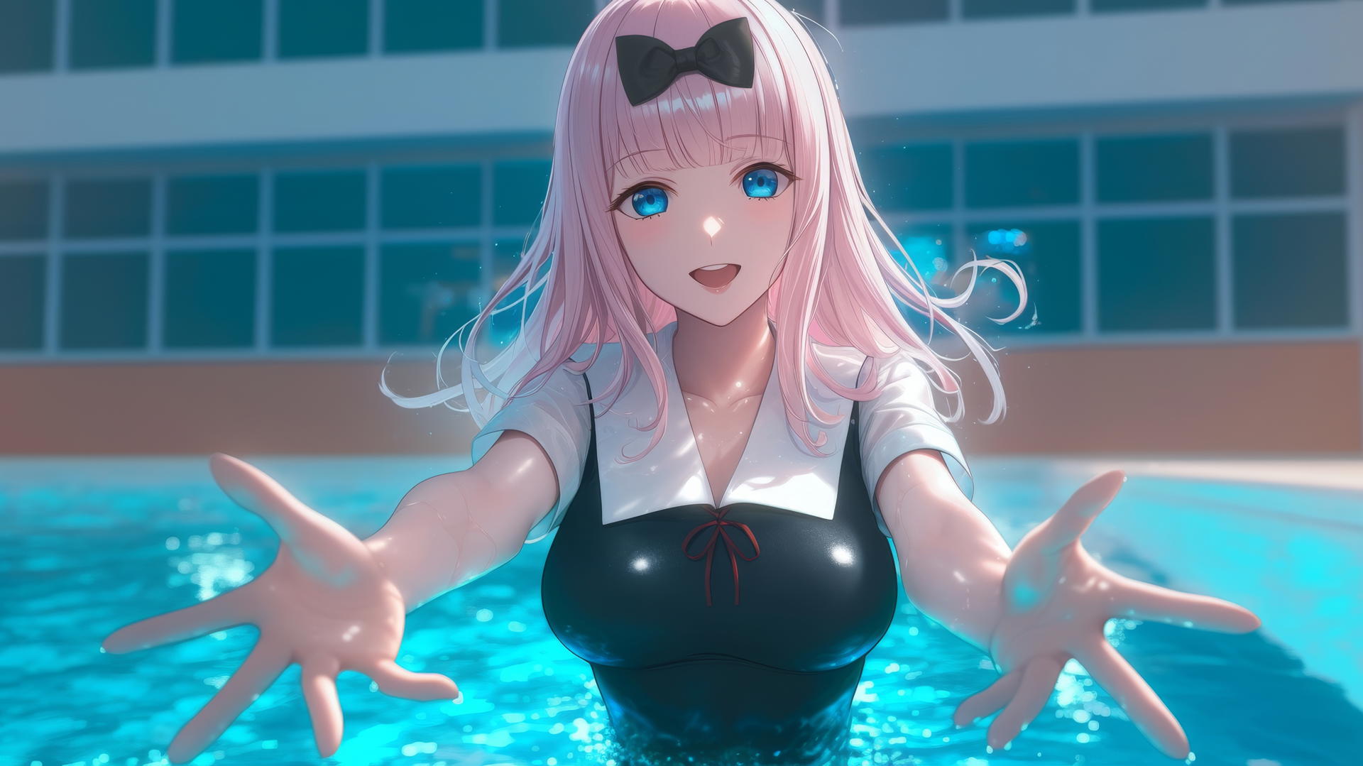 Chika Fujiwara jumping out of a swimming pool, light pink hair, blue eyes, moonlight glow.