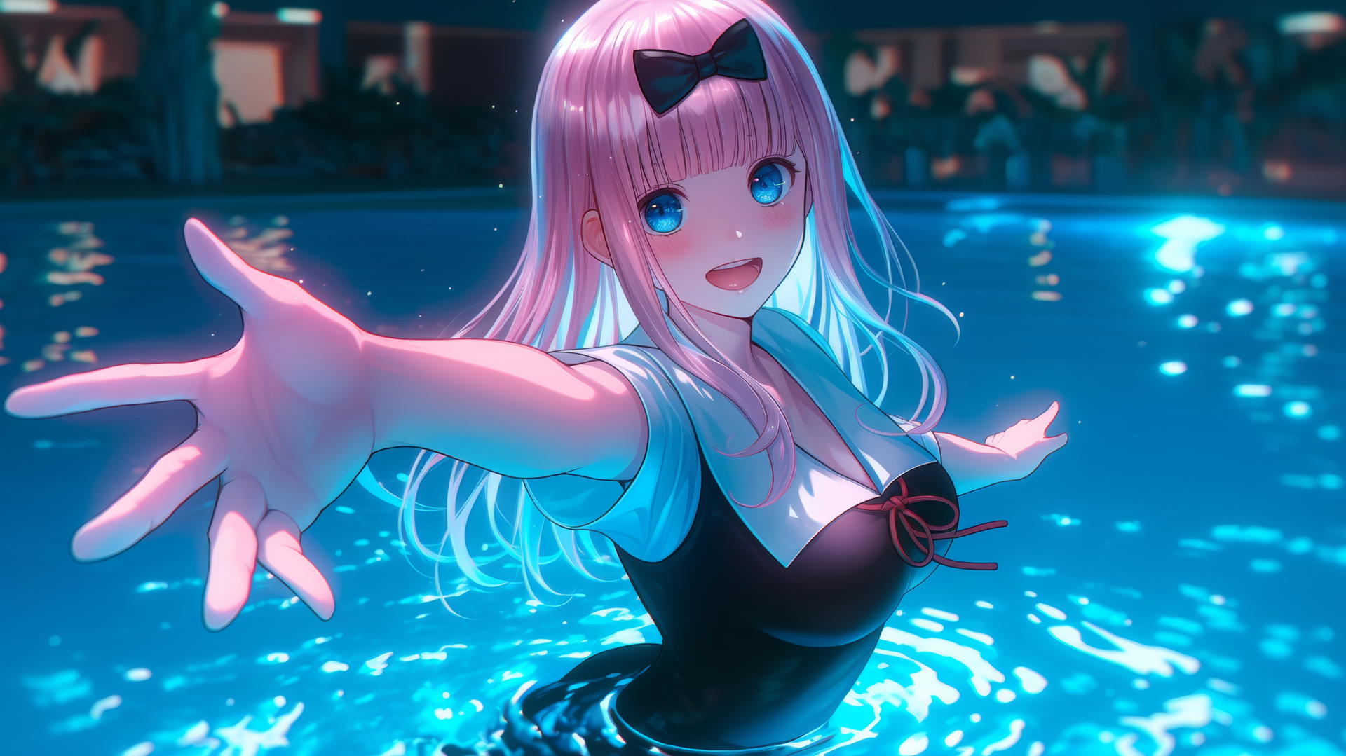 Chika Fujiwara with light pink hair and blue eyes jumping out of a swimming pool under moonlight.