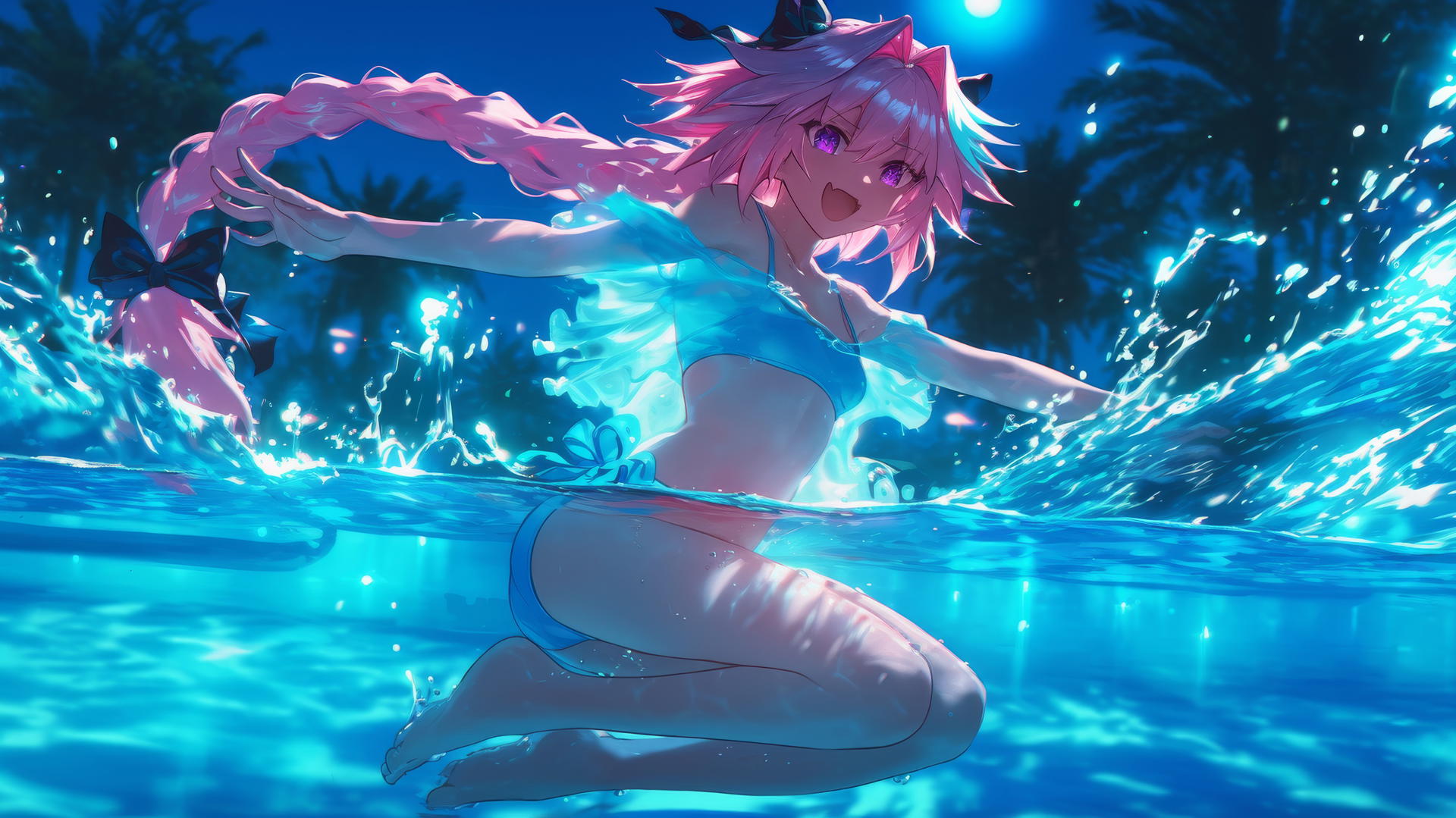 Astolfo from Type Moon jumping out of swimming pool under moonlight.