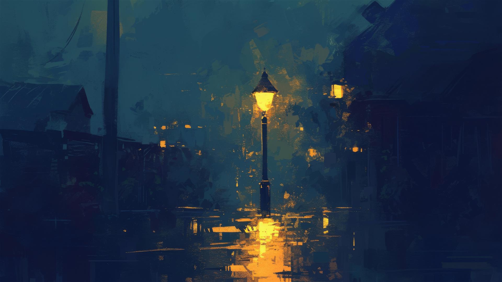 Dim streetlamp flickering on a dark empty street