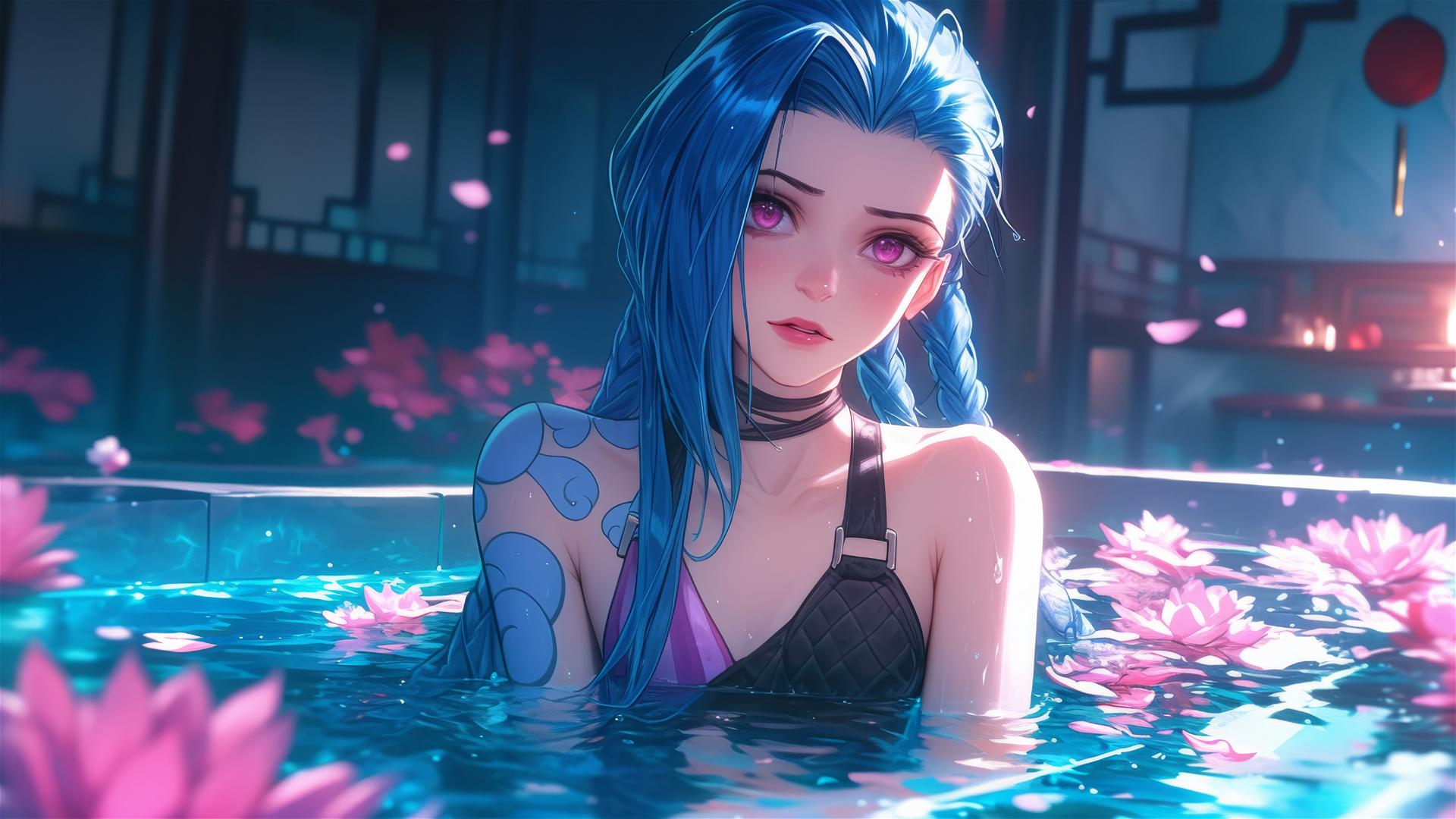 Jinx from League of Legends in flower-filled tub at Chinese spa