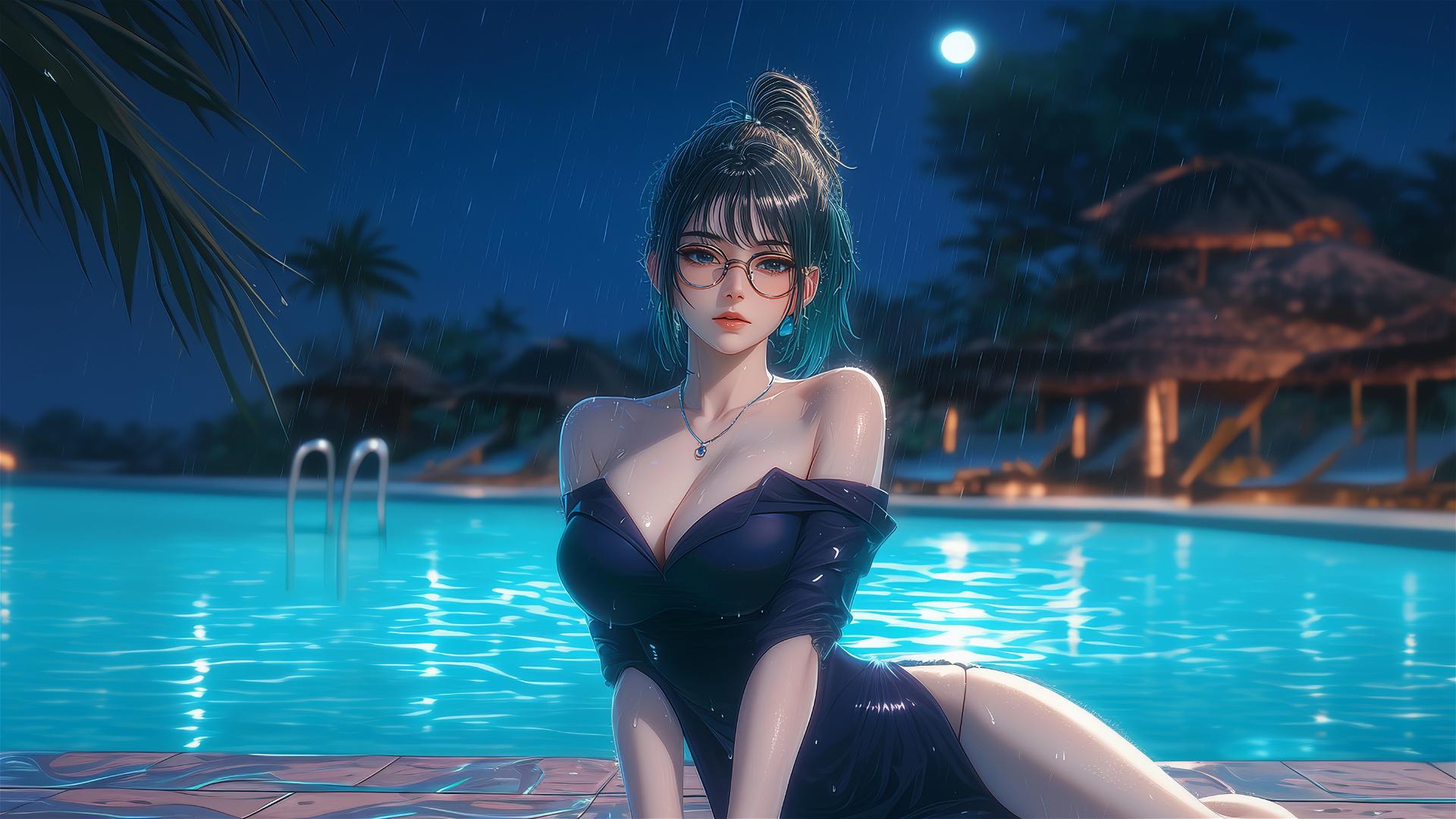 Maki Zenin from Jujutsu Kaisen resting by the swimming pool in moonlight, rainy