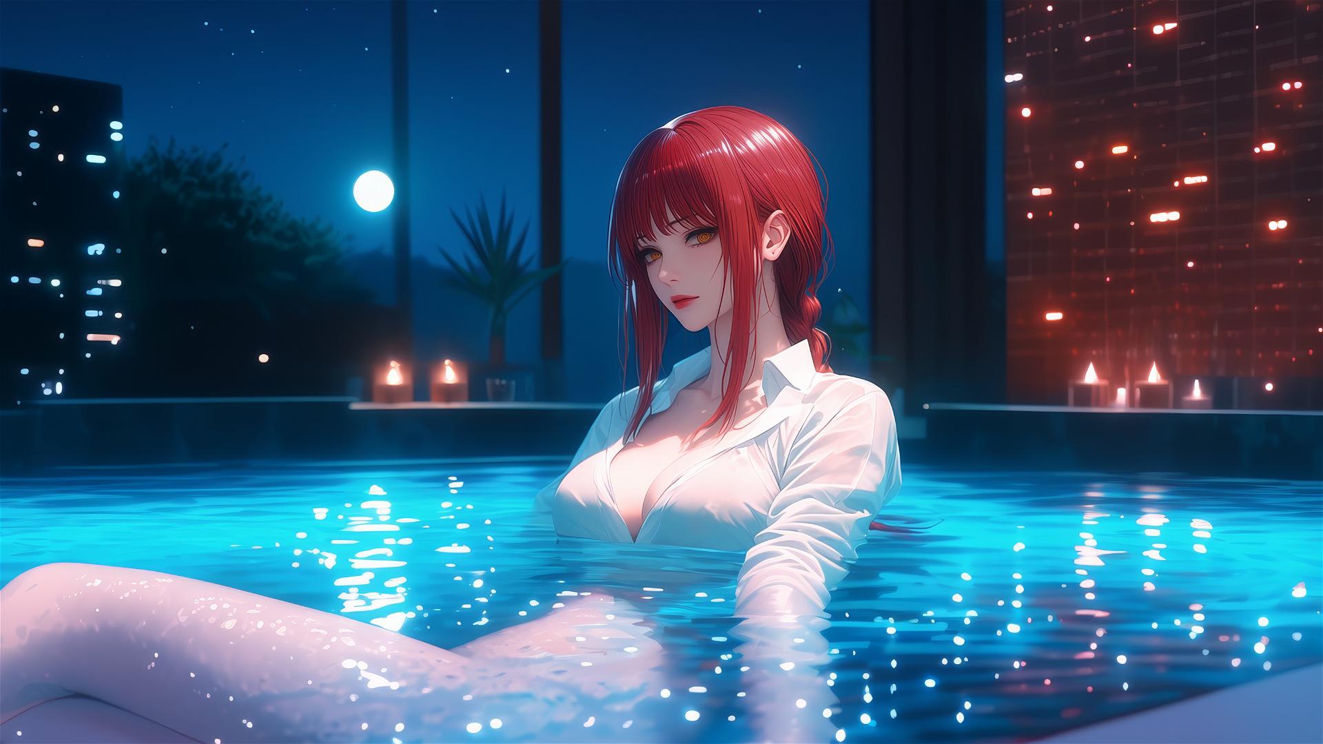 Makima from Chainsaw Man resting in a tub with moonlight illuminating her figure