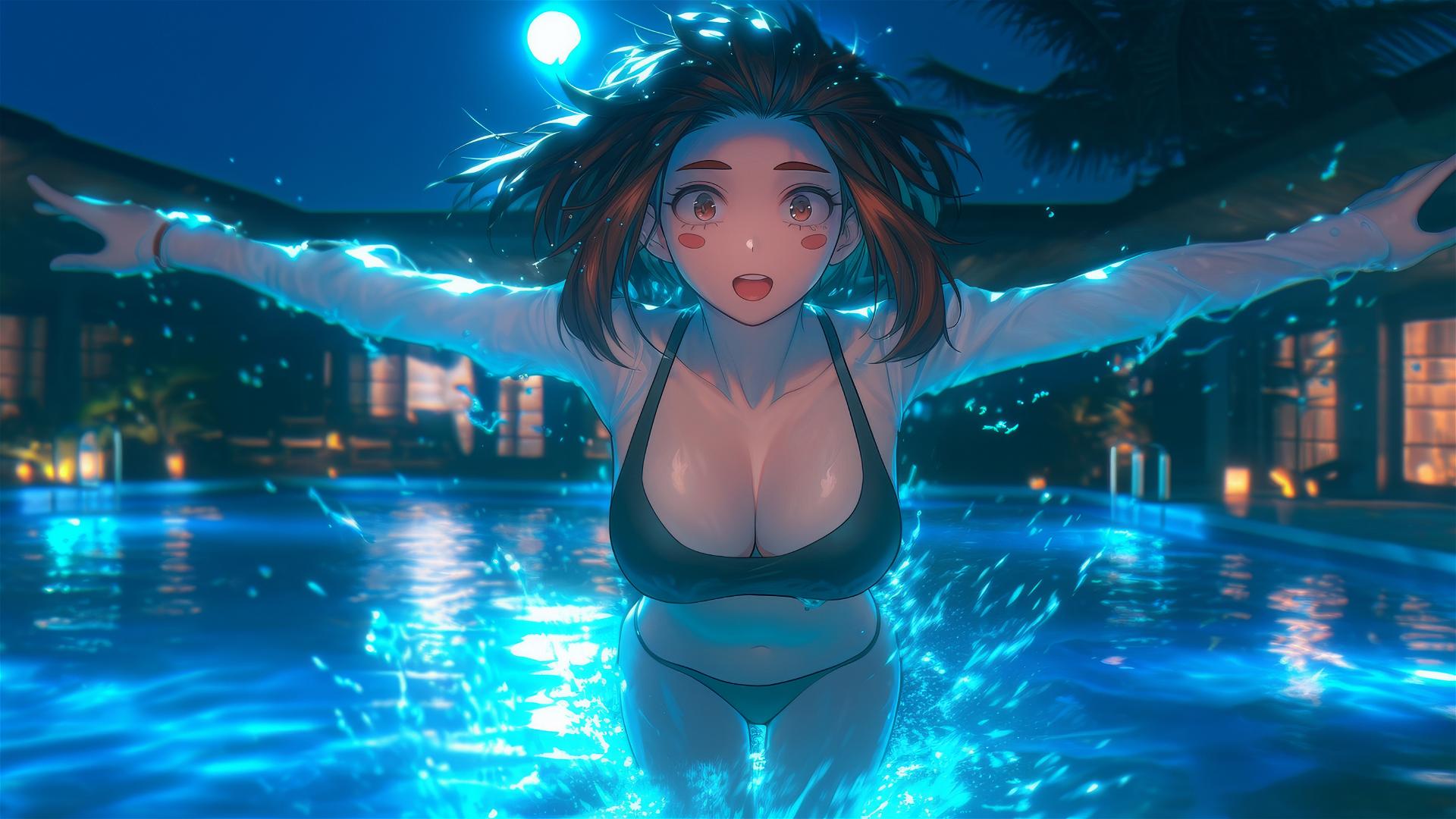Ochaco Uraraka from My Hero Academia jumping out of a swimming pool under moonlight with auburn hair and eyes, pink blush marks.