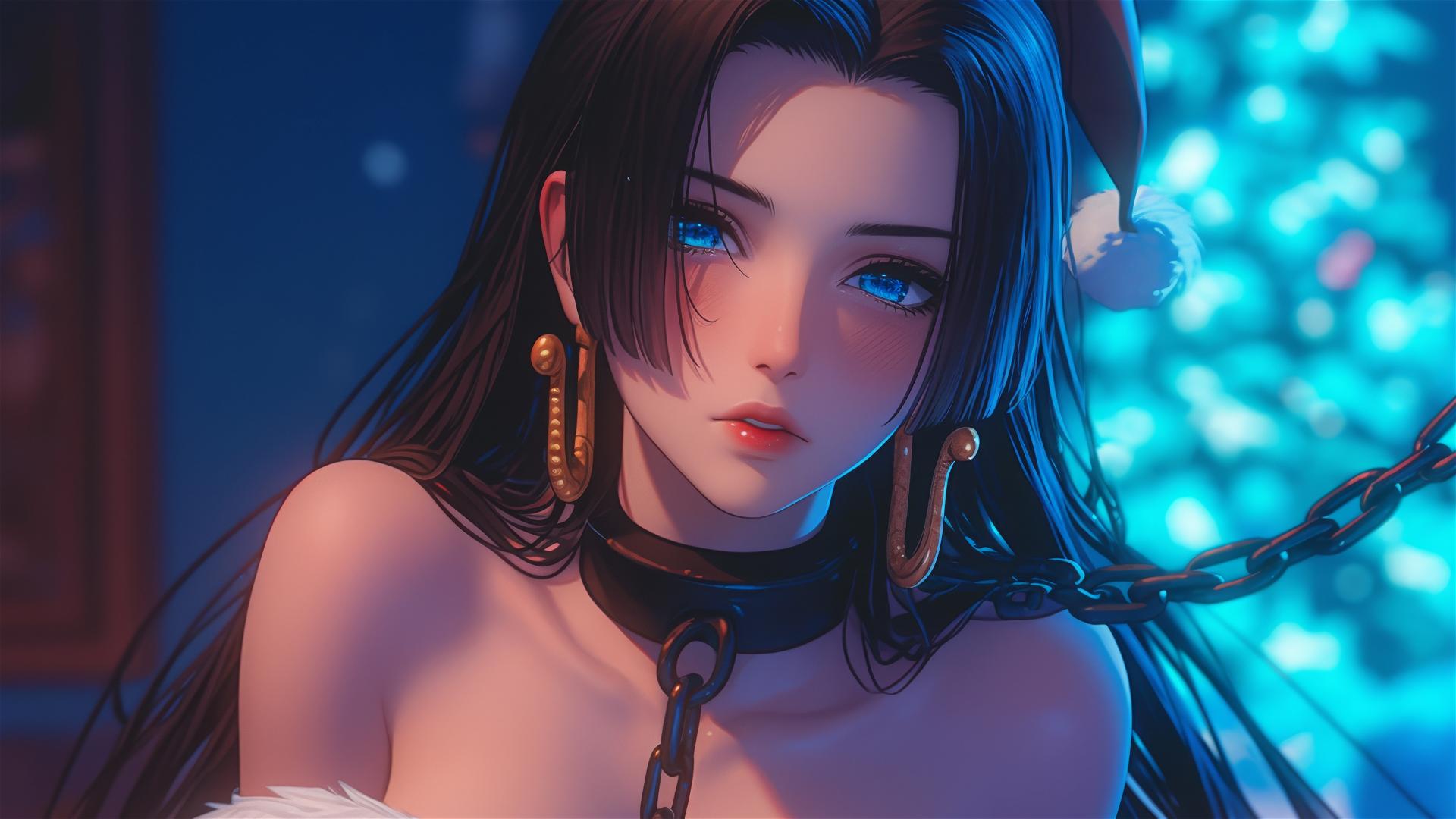 Boa Hancock in Christmas costume, chained in neon-lit modern hotel room