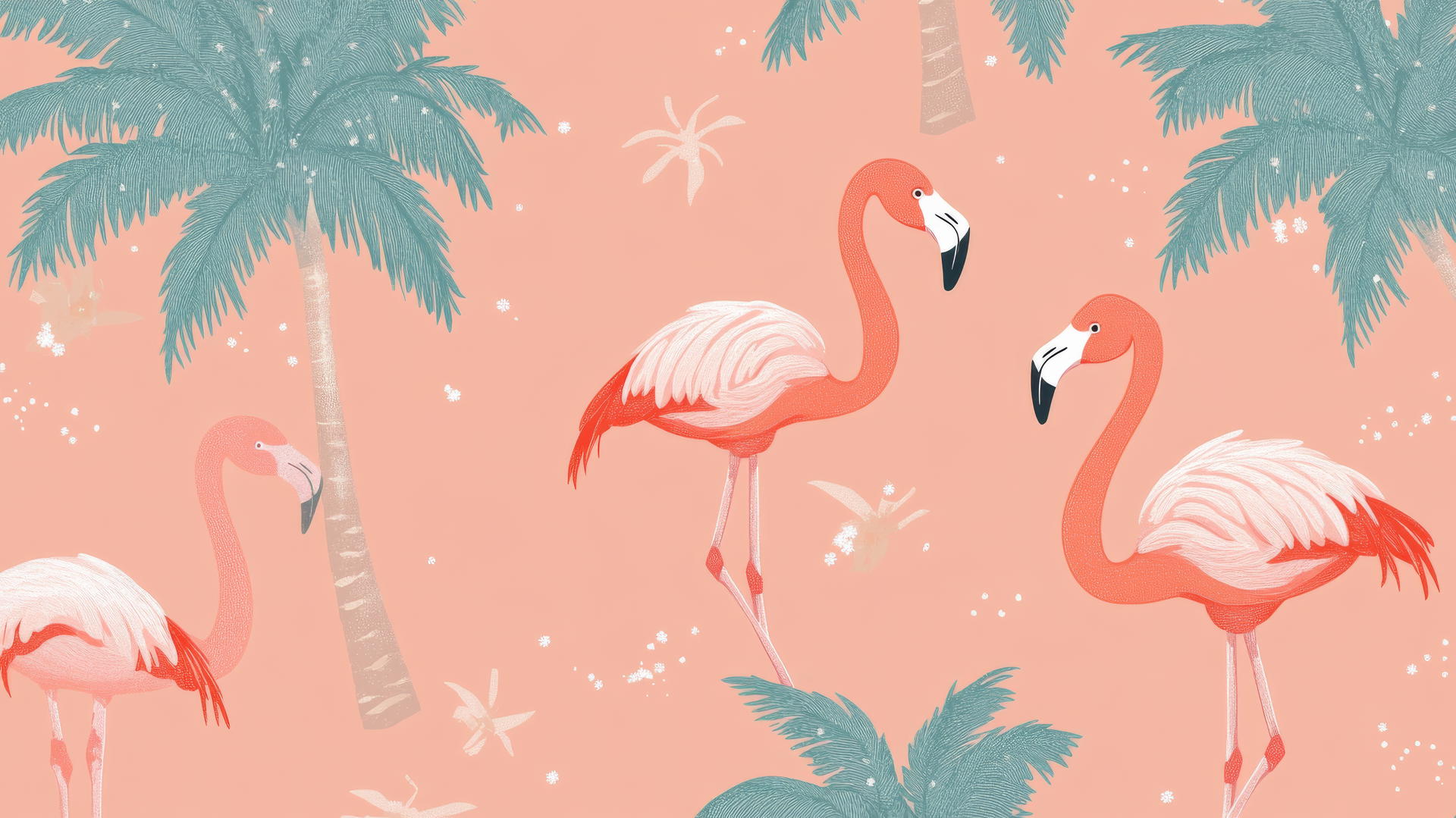 Preppy summer wallpaper with cute flamingos and palm trees on pastel coral