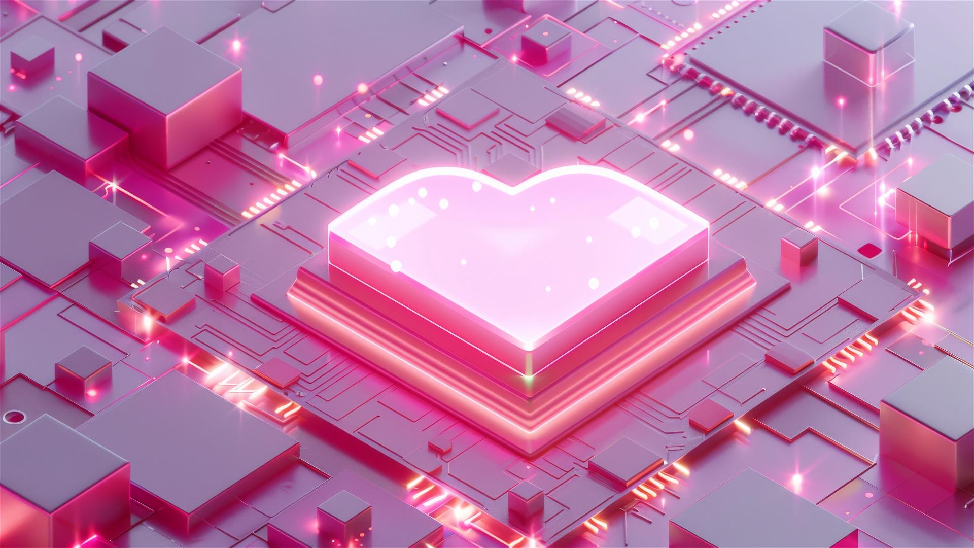 Heart-shaped computer chip on pink circuit board with small cubes