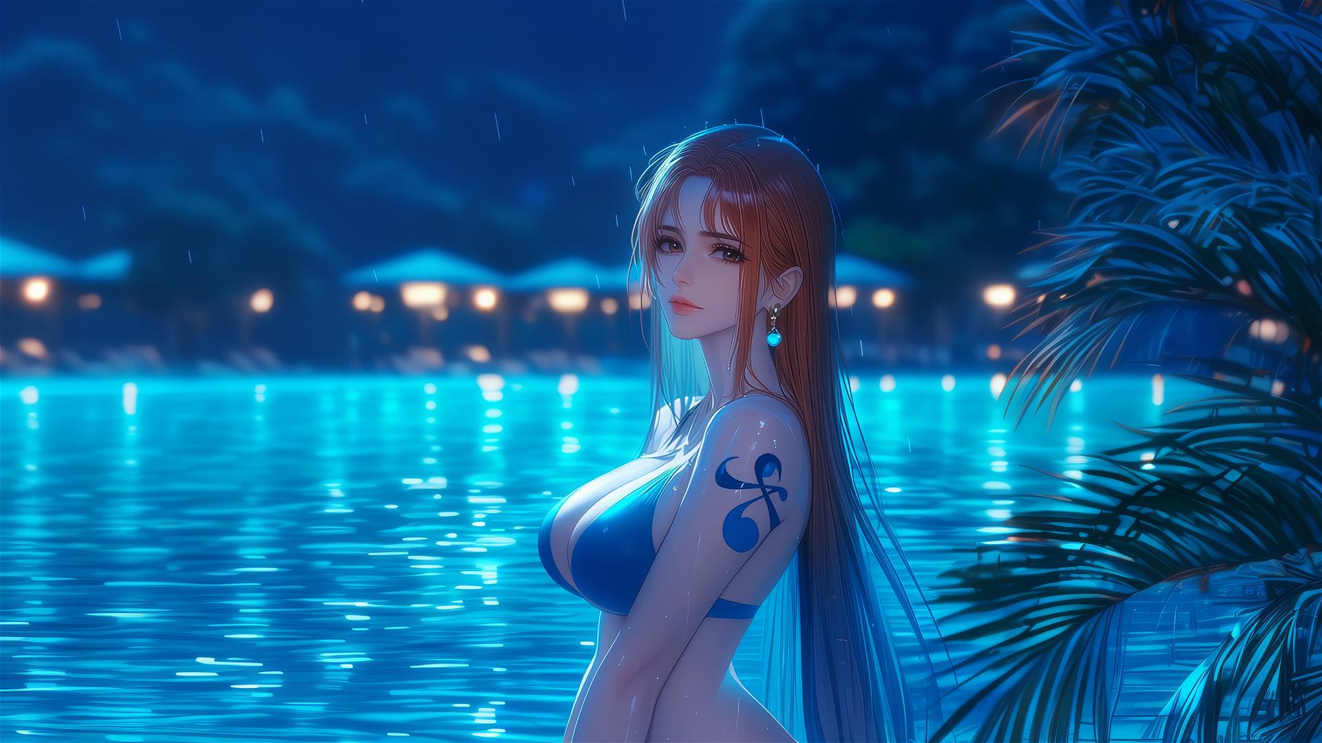 Nami from One Piece resting by a pool under moonlight with rainy ambiance