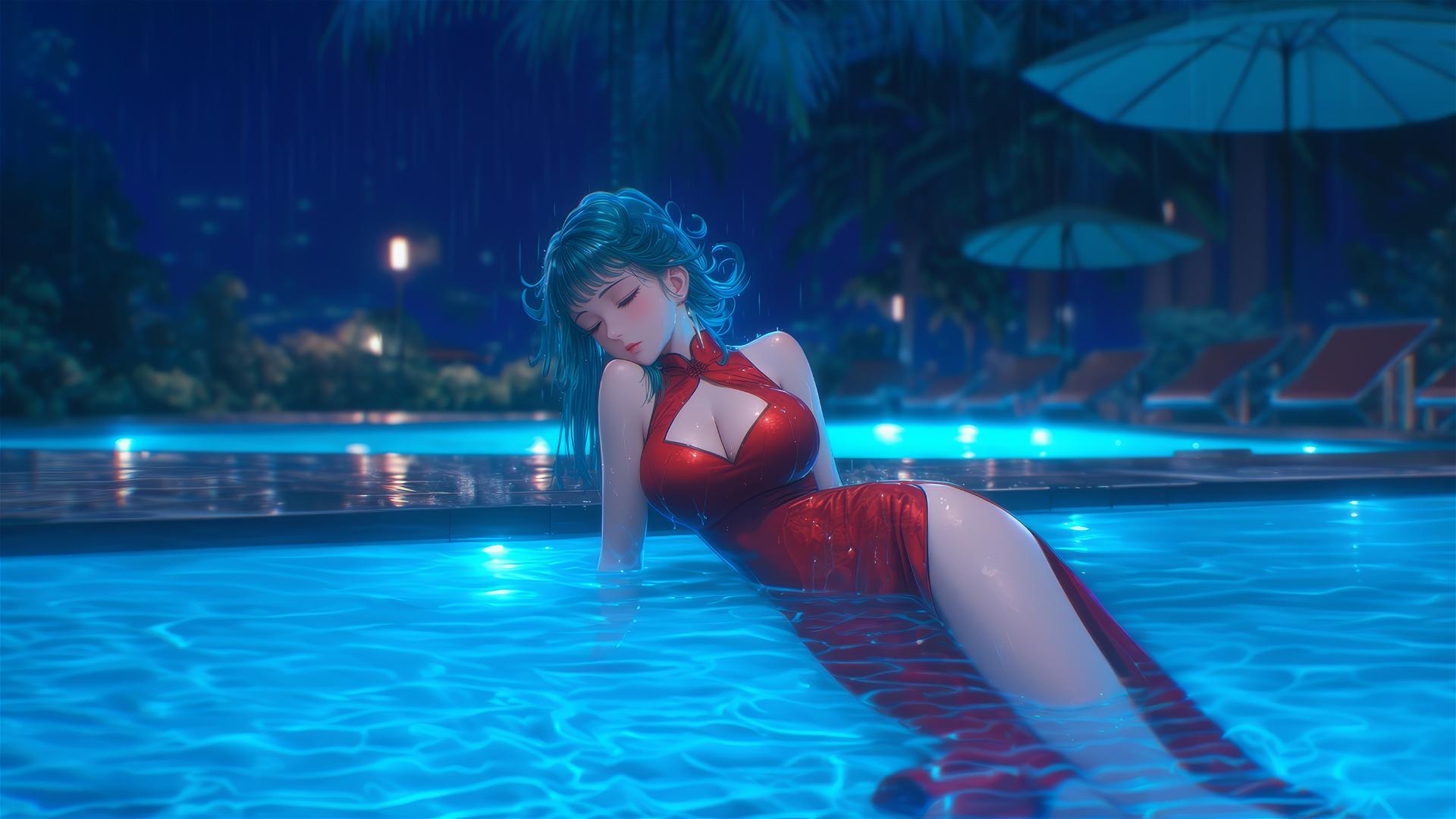 Tatsumaki resting by a pool under moonlight, wearing a red dress, in the rain.