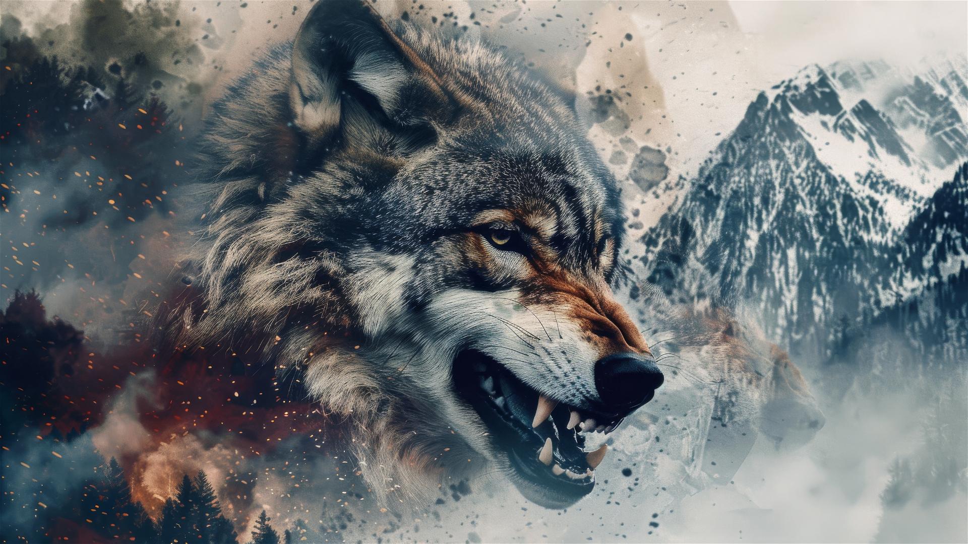Detailed high-contrast image of an angry wolf in a mountain landscape