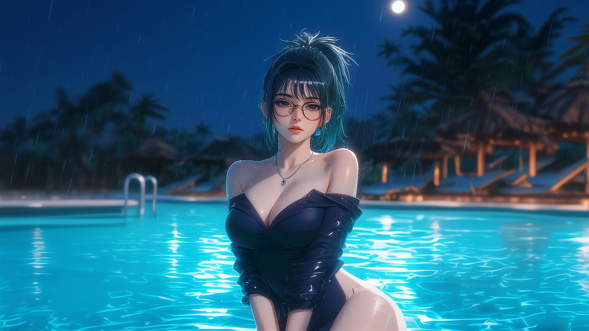 Maki Zenin rests by the pool under moonlight with glasses, rain falling.