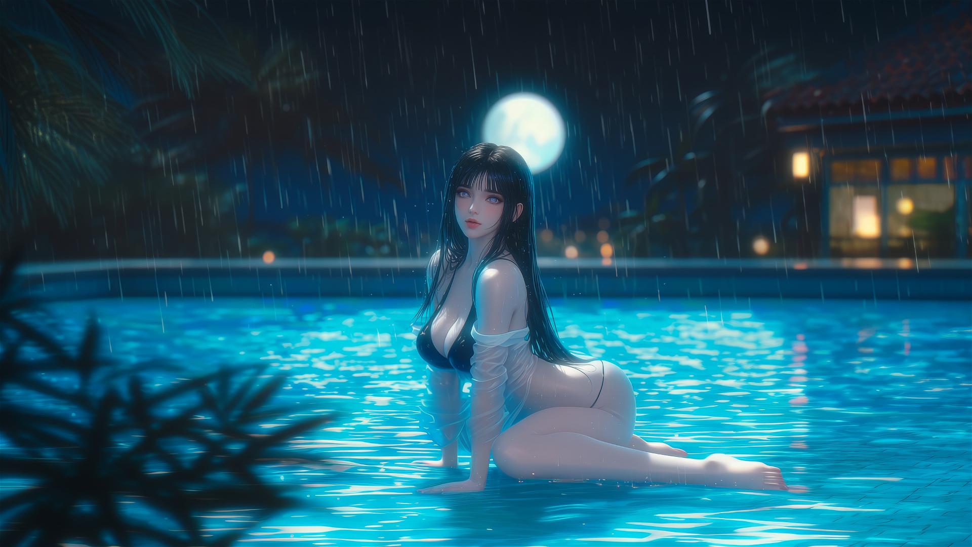 Hinata Hyuga by a rainy swimming pool with moonlight