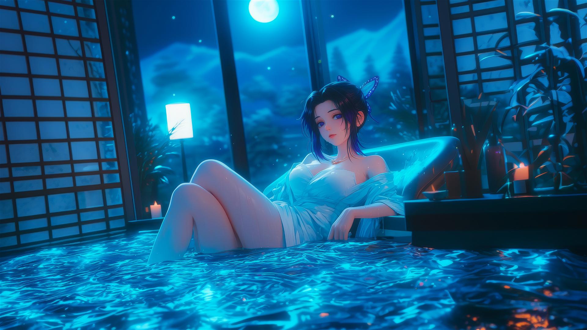 Shinobu Kocho from Demon Slayer resting in a tub under moonlight