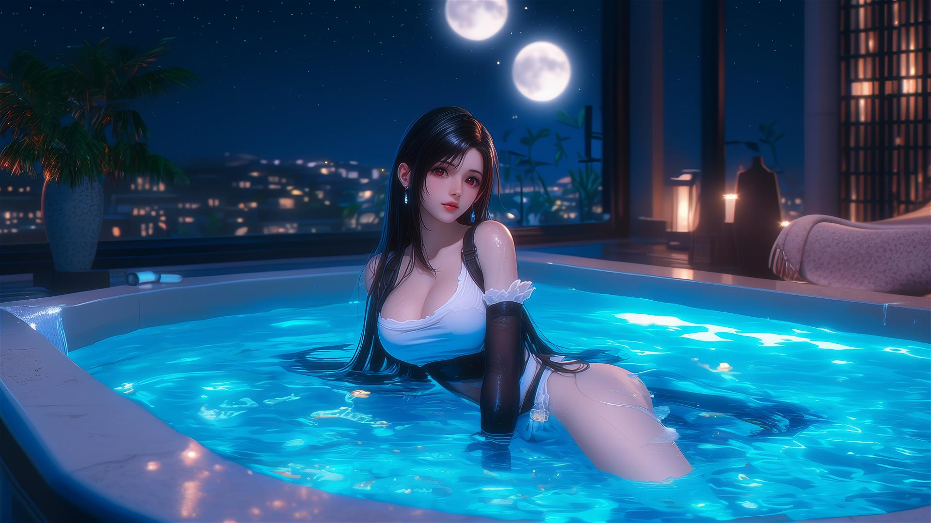 Tifa Lockhart relaxing in a tub with moonlight glow