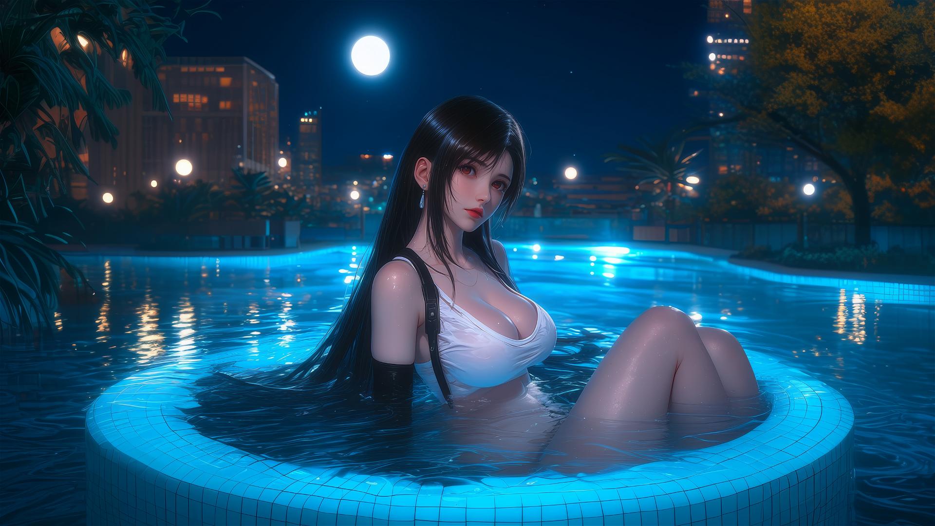 Tifa Lockhart from Final Fantasy resting in a bathtub with moonlight glow.