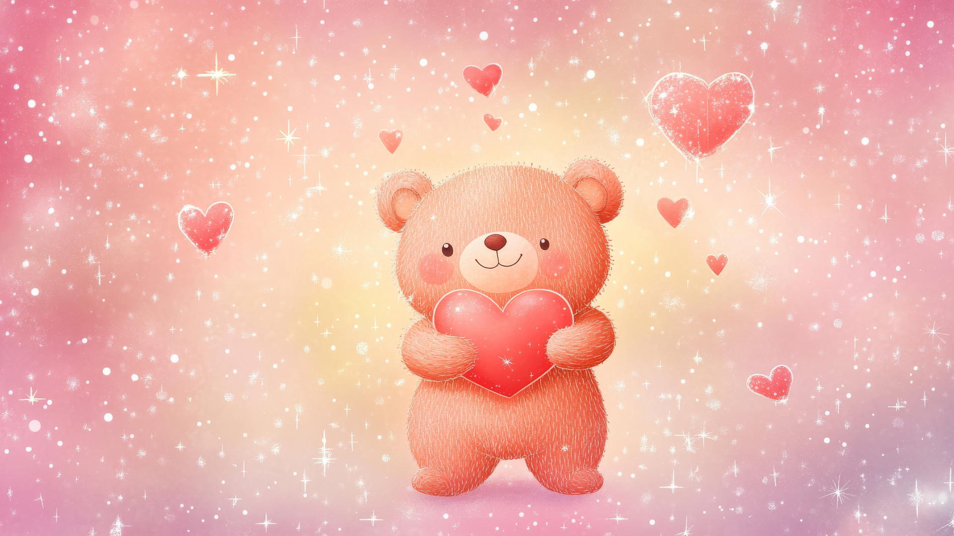 pink wallpaper cute cartoon bear with heart and tiny sparkles