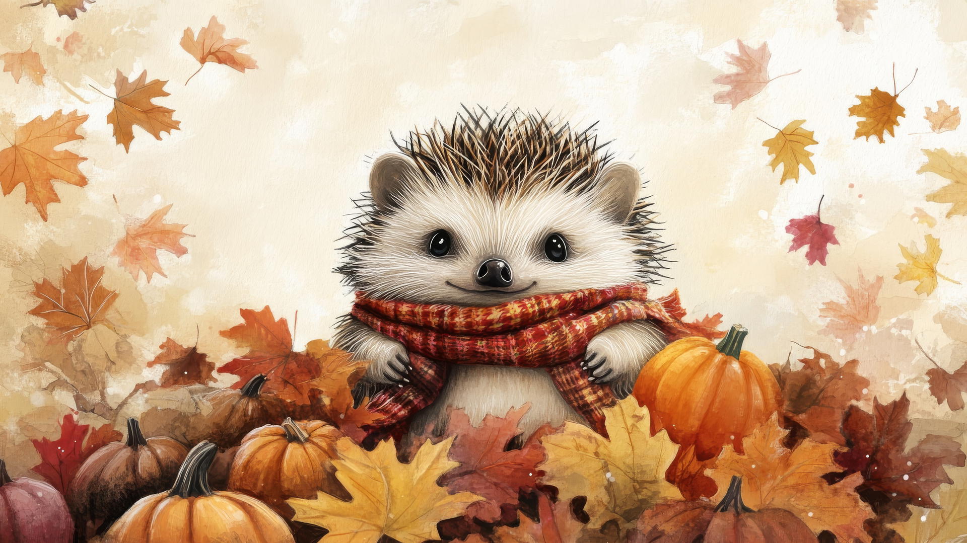 Cute Thanksgiving wallpaper with little hedgehog in a scarf, fall leaves, and pumpkins.