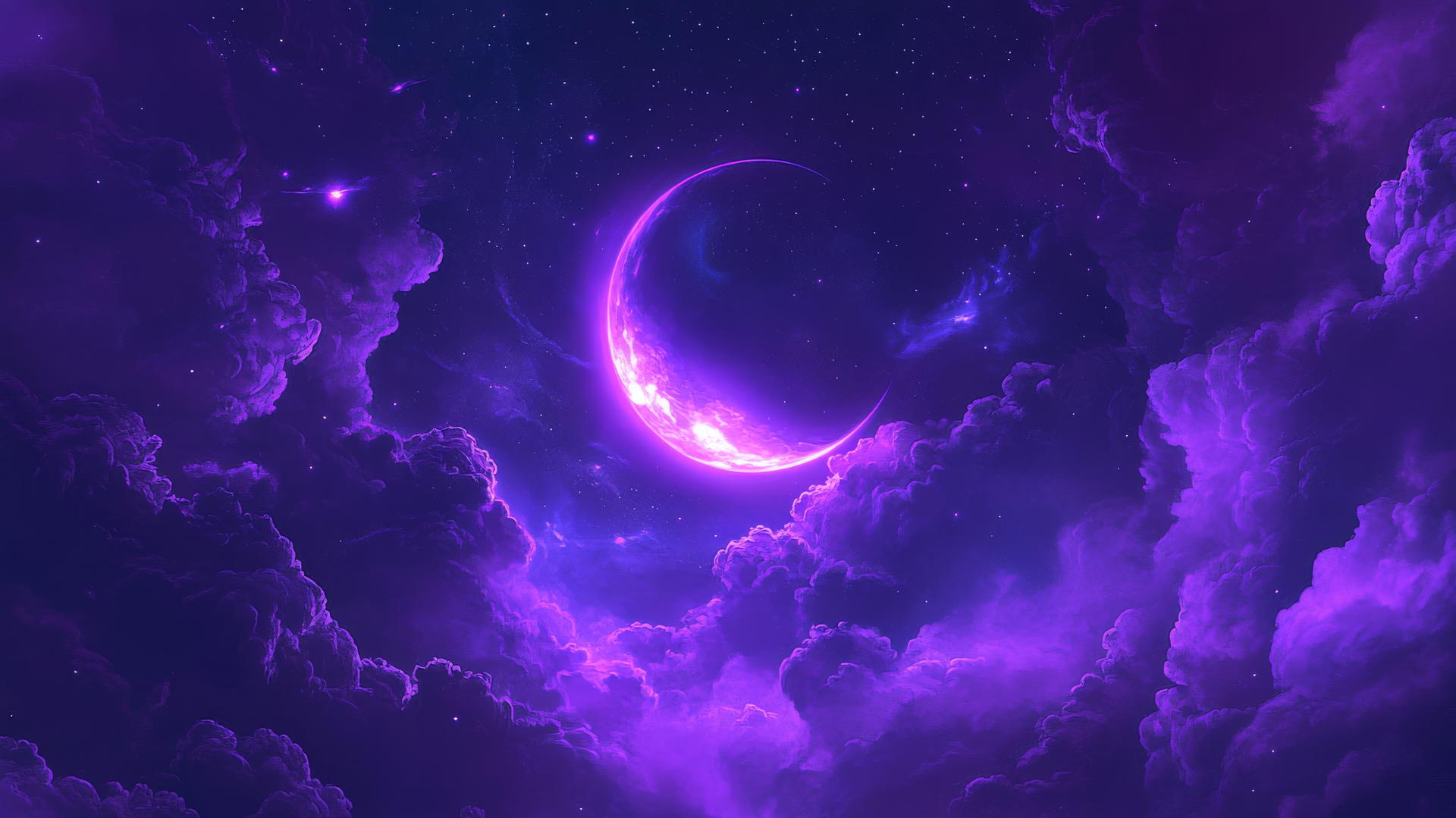 neon purple aesthetic wallpaper with a glowing crescent moon, stars, and light trails