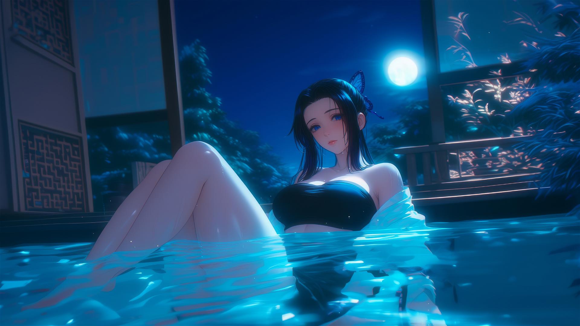 Shinobu Kocho from Demon Slayer resting in a tub under moonlight.