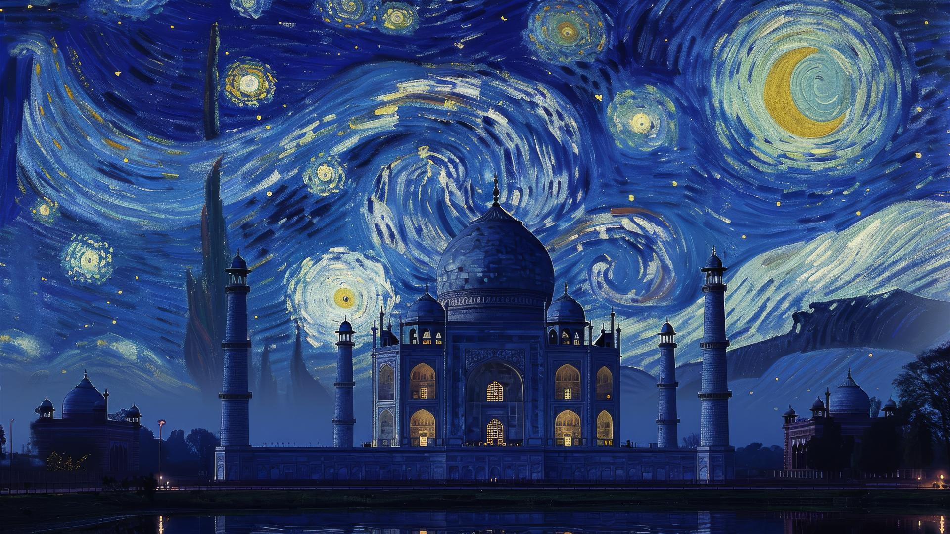 Taj Mahal under moonlit sky in Van Gogh style with starry night and reflective water