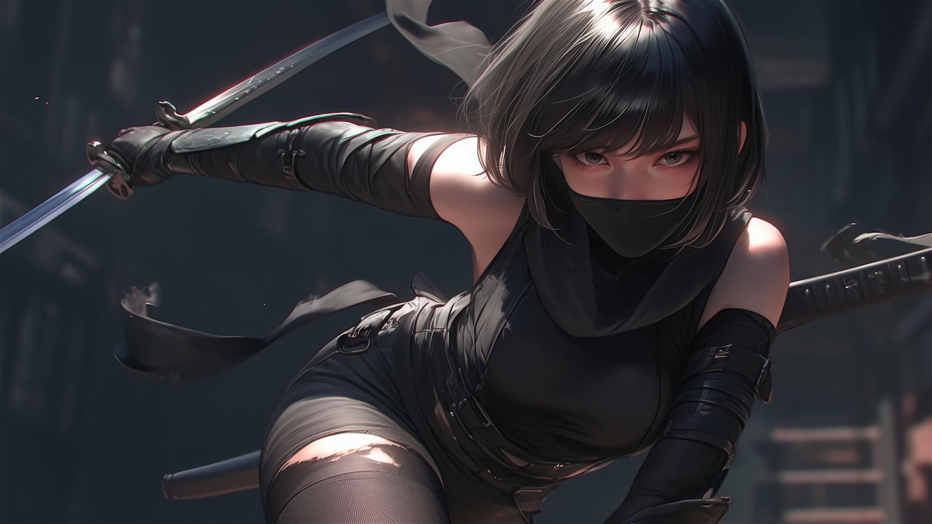 Ninja girl with masked face and short hair against dark background, spotlight on thighs
