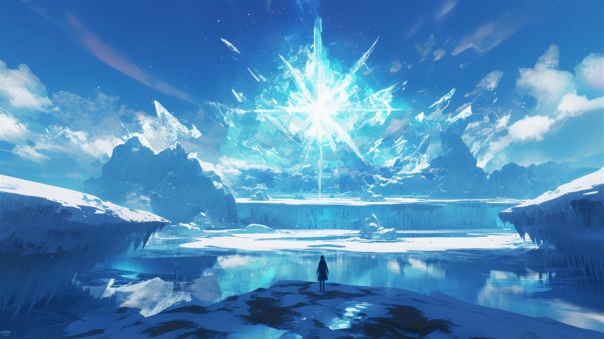 Frozen halo lake with light-catching ice formations