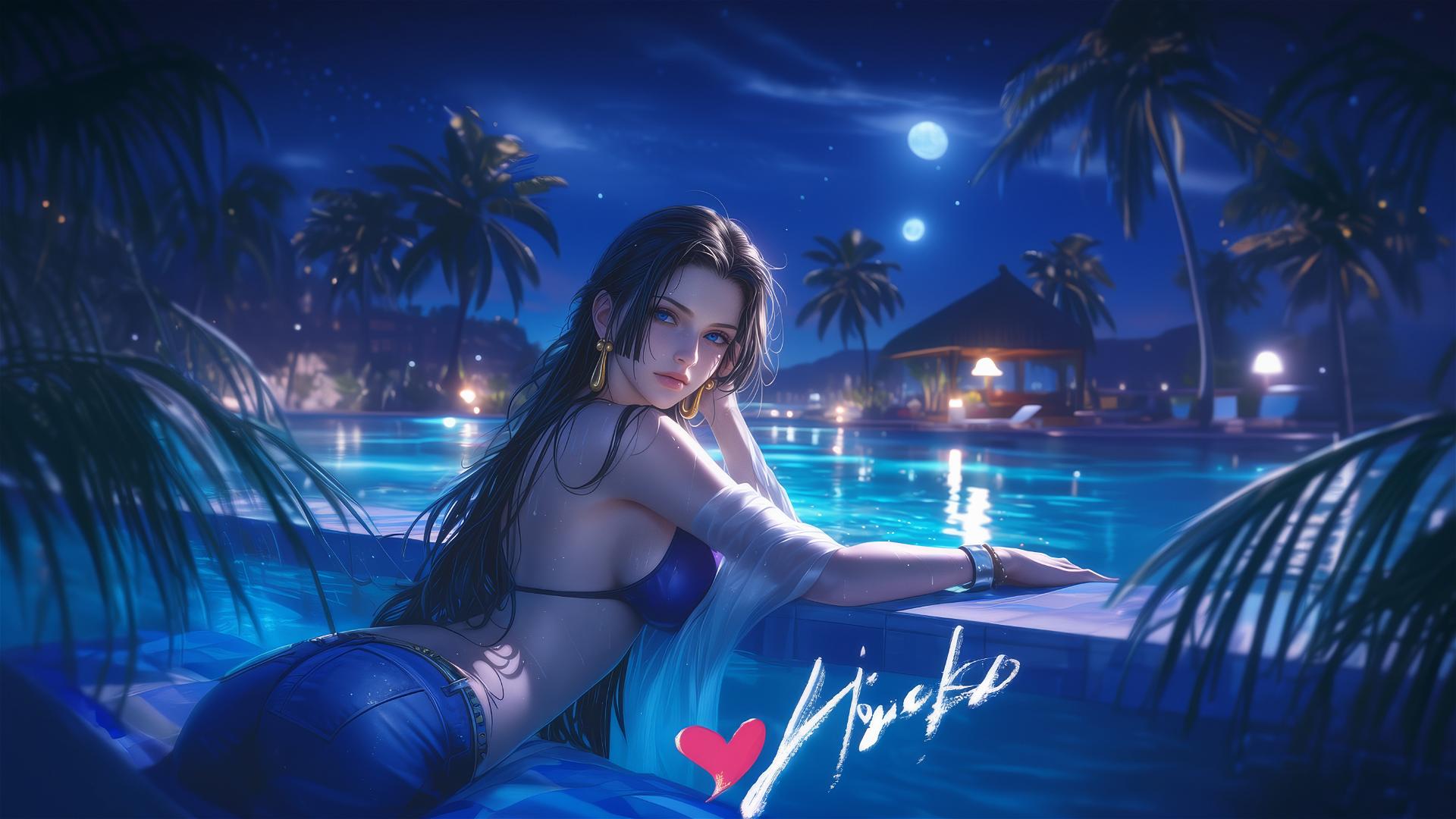 Boa Hancock resting by a pool under moonlight
