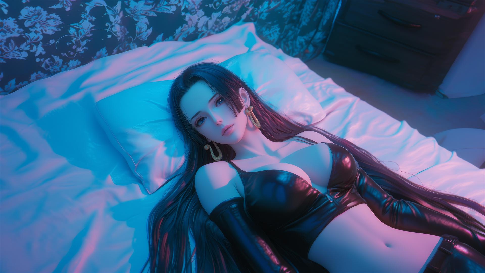High angle view of Boa Hancock from One Piece in bed, wearing black and pink leather with neon colors and pink background.