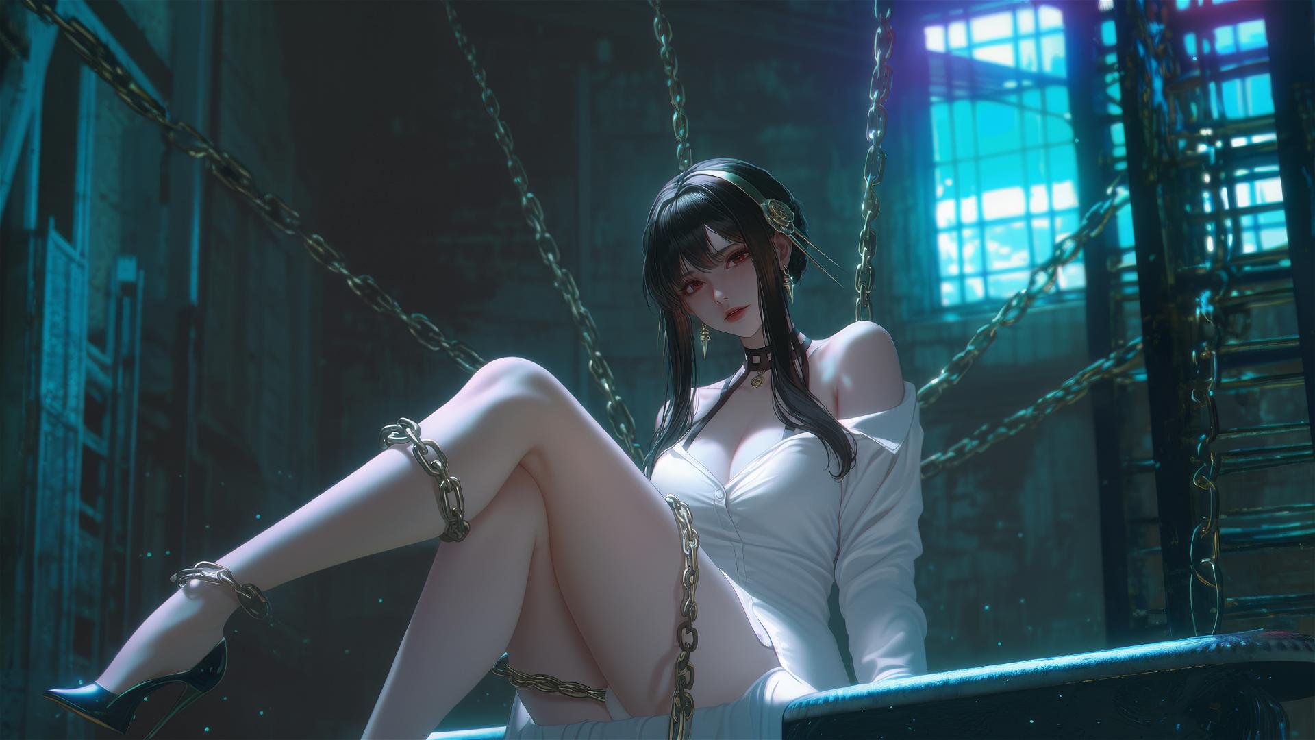 Yor Forger from Spy x Family chained in a tub with neon light
