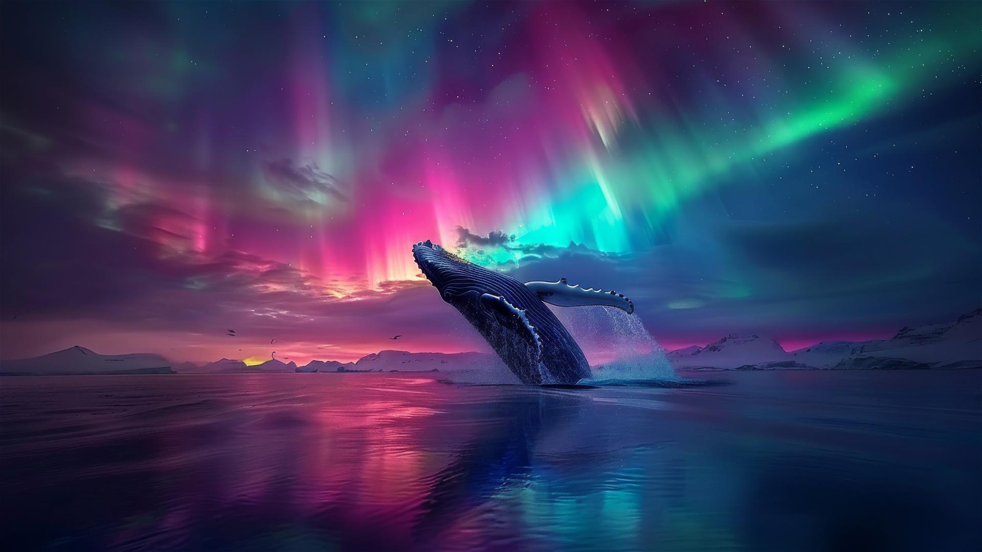 Humpback whale breaching under aurora borealis