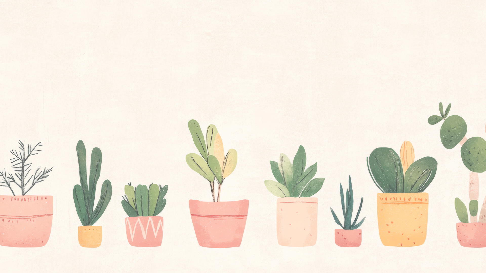 cute aesthetic wallpapers with hand-drawn plants in pastel pots on light textured background