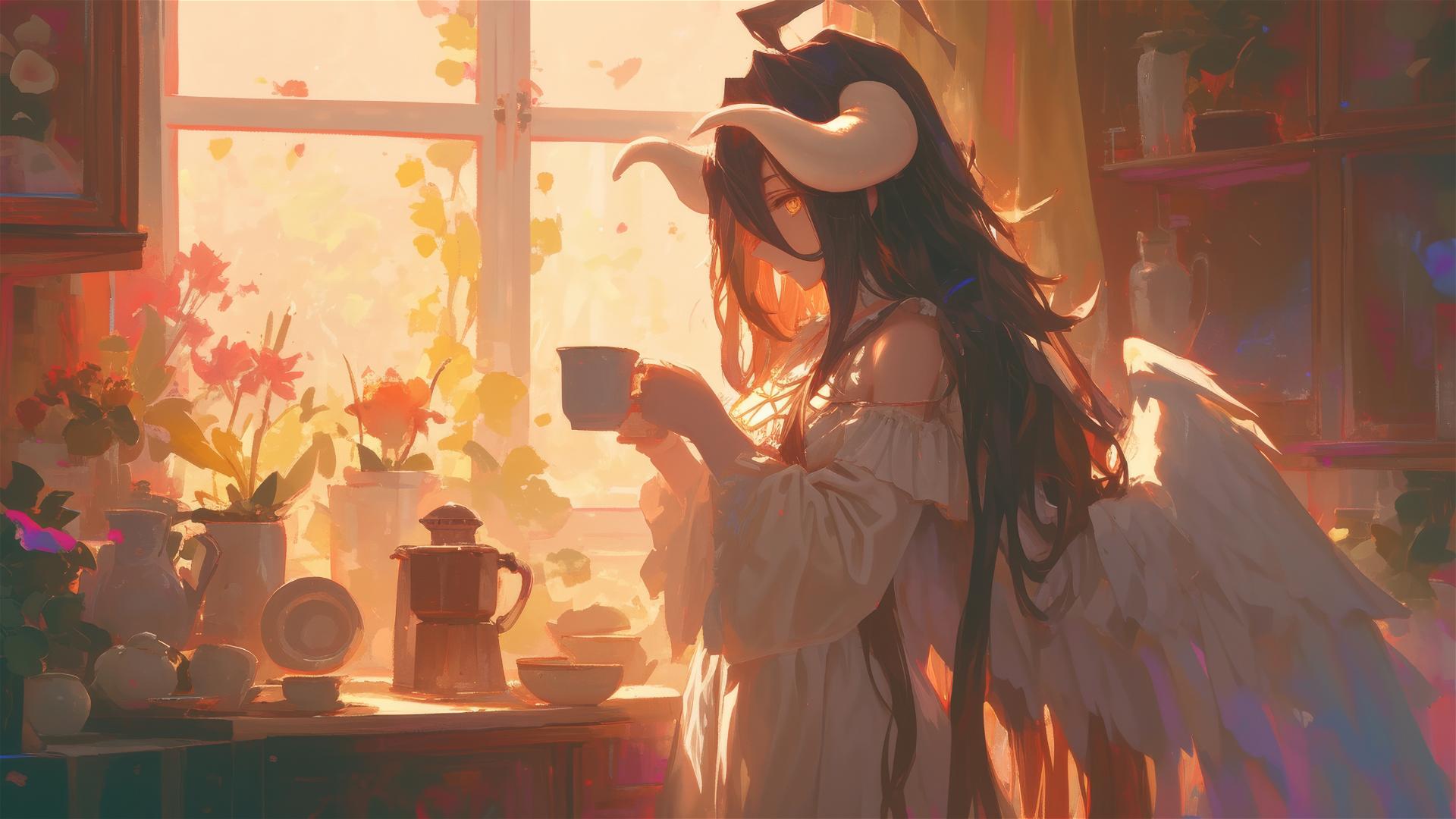Albedo in white silk pajamas sipping coffee by a window at sunrise.
