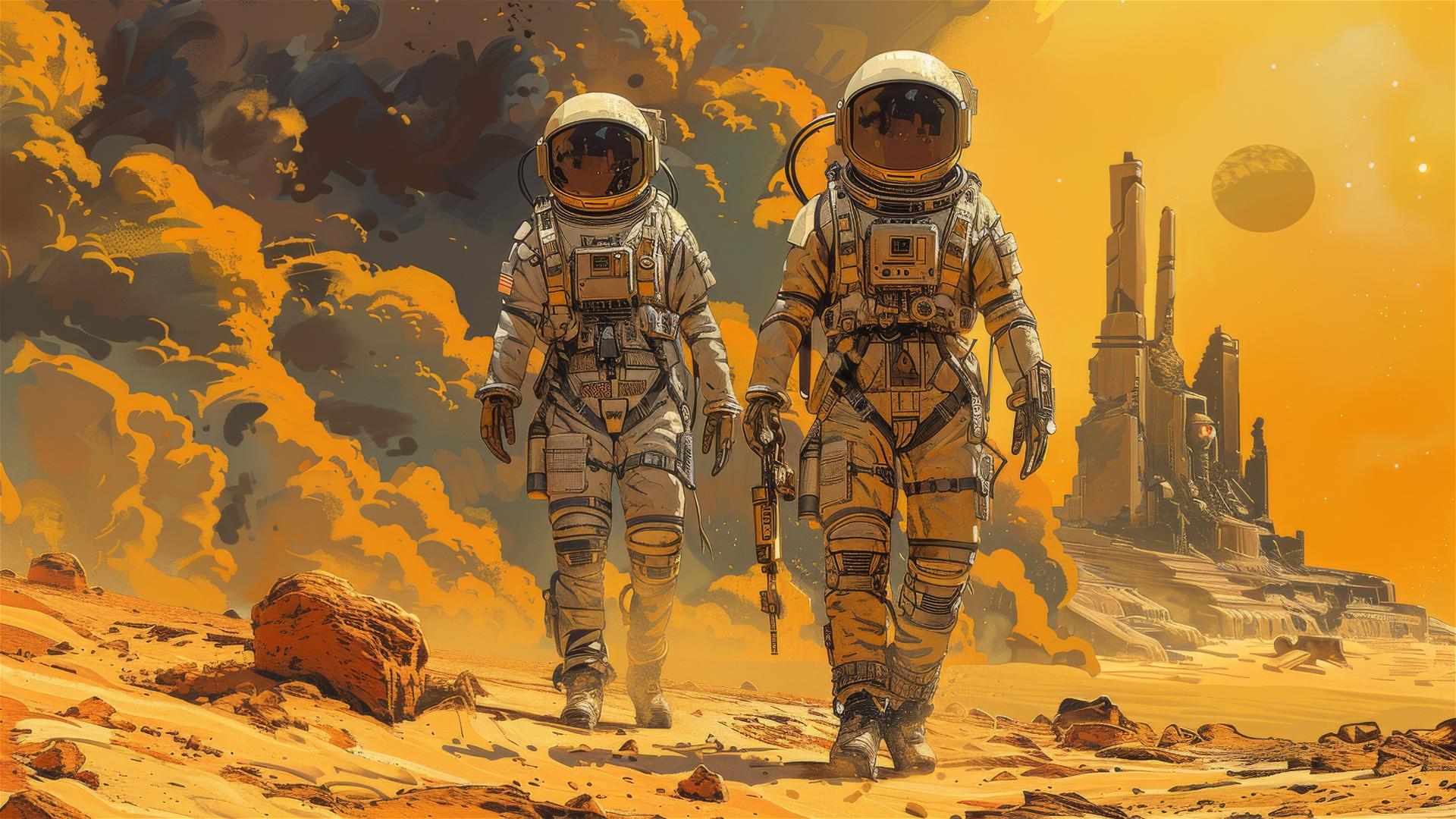 Astronaut couple with weapons in desert ruins, John Col style art