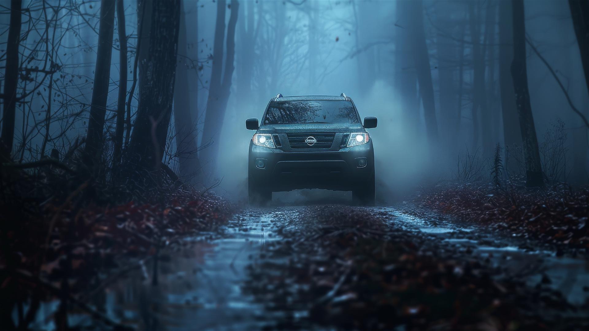Closeup view of a Nissan Pathfinder in dim, gothic, foggy lighting