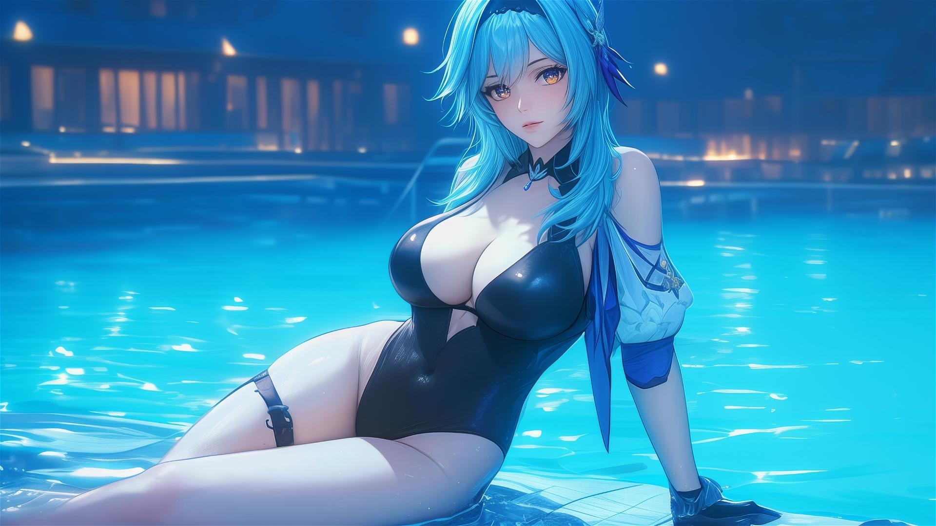 Eula Lawrence resting by a swimming pool under moonlight