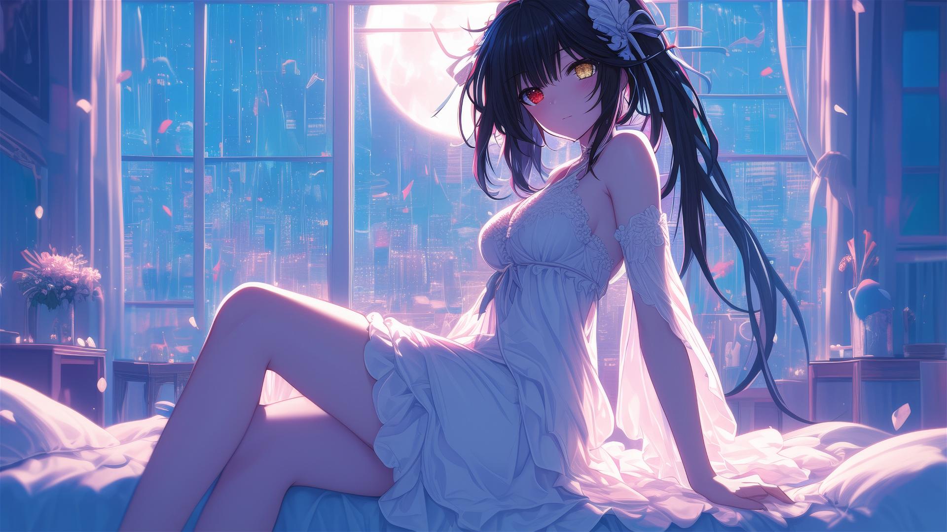 Kurumi Tokisaki resting in moonlit bedroom, dressed in white with red and yellow eyes