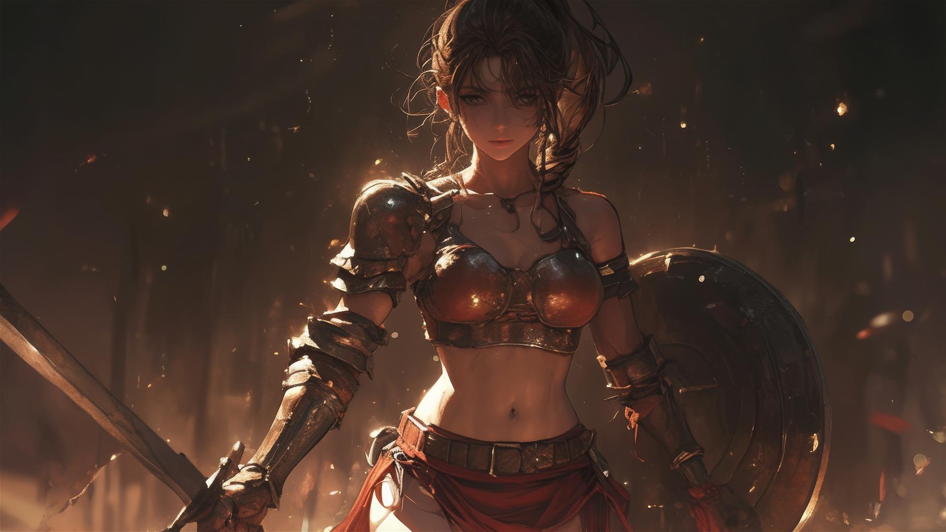 Gladiator Warrior Girl with thigh focus on a dark background