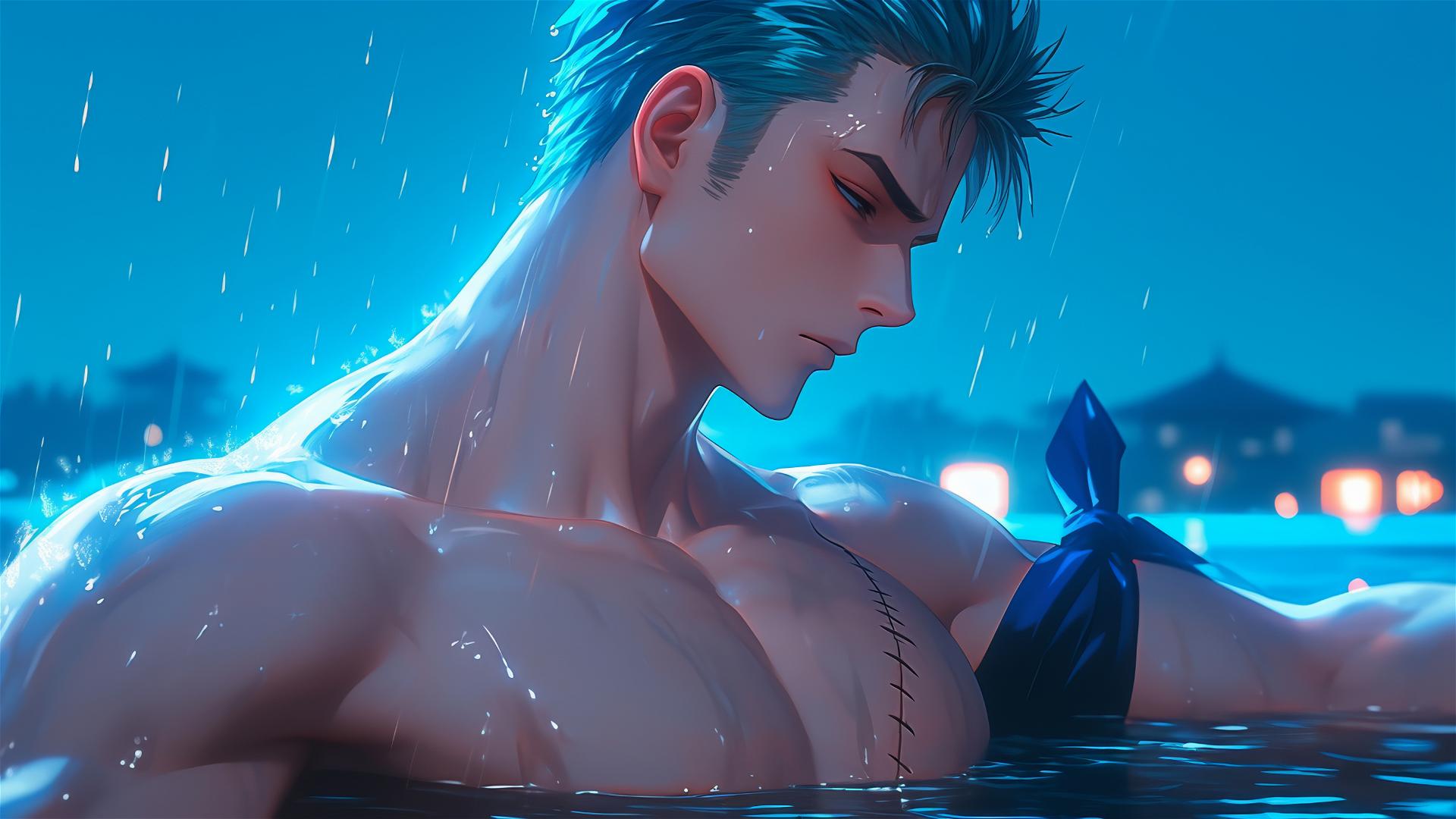 Roronoa Zoro resting at rainy pool with moonlight