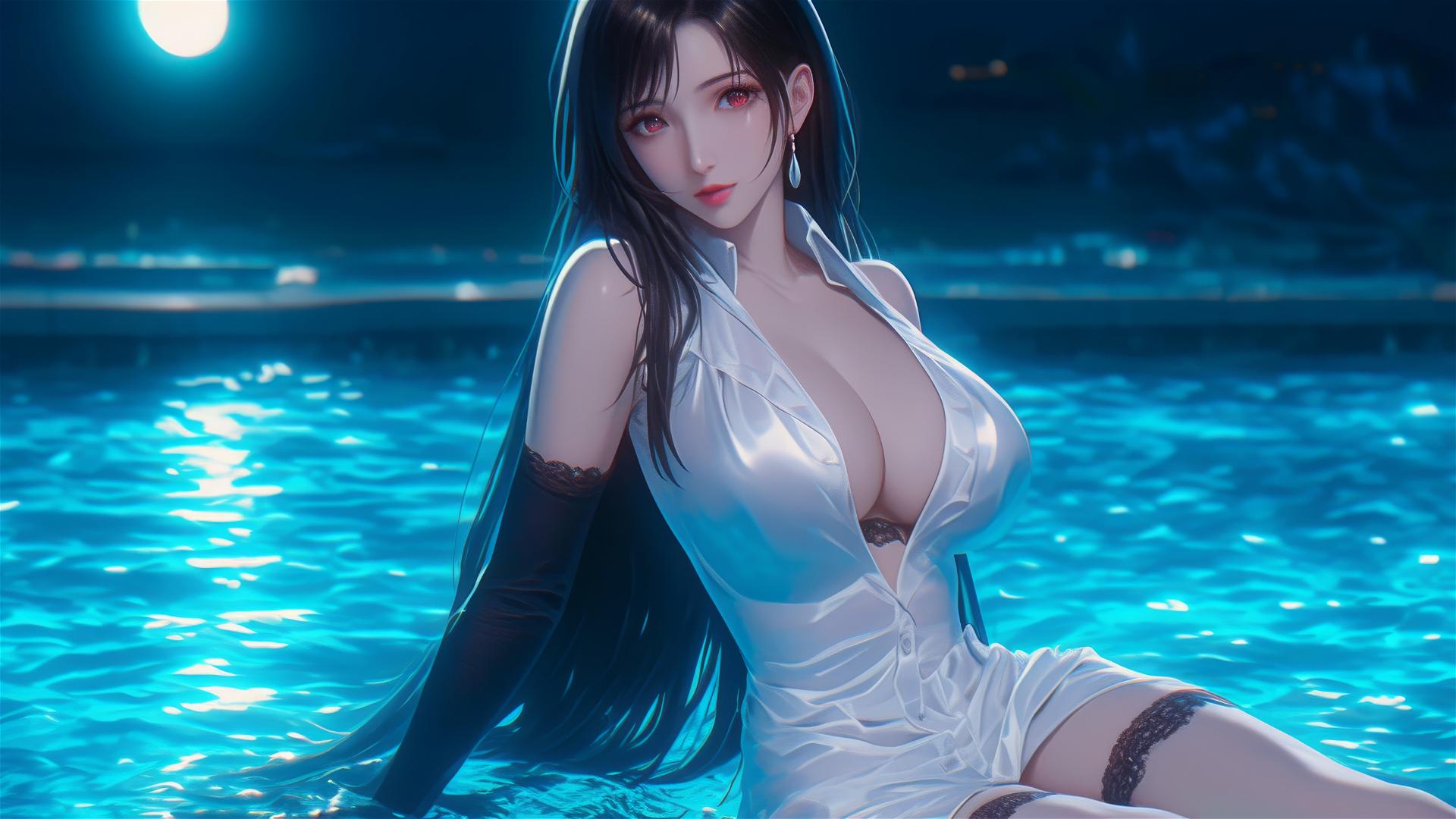 Tifa Lockhart in white silk pajamas, resting by a swimming pool with moonlight glow.