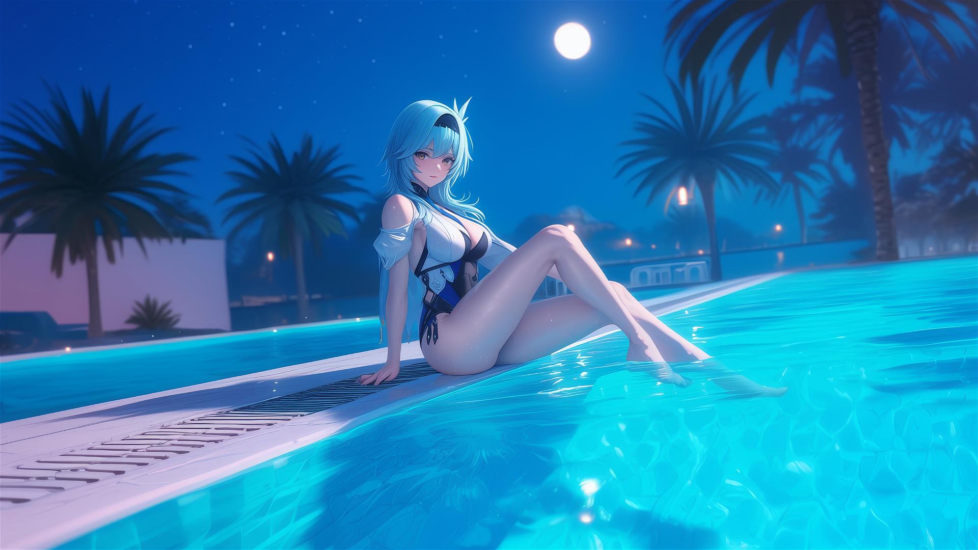 Eula Lawrence from Genshin Impact resting by a pool in moonlight with light blue hair