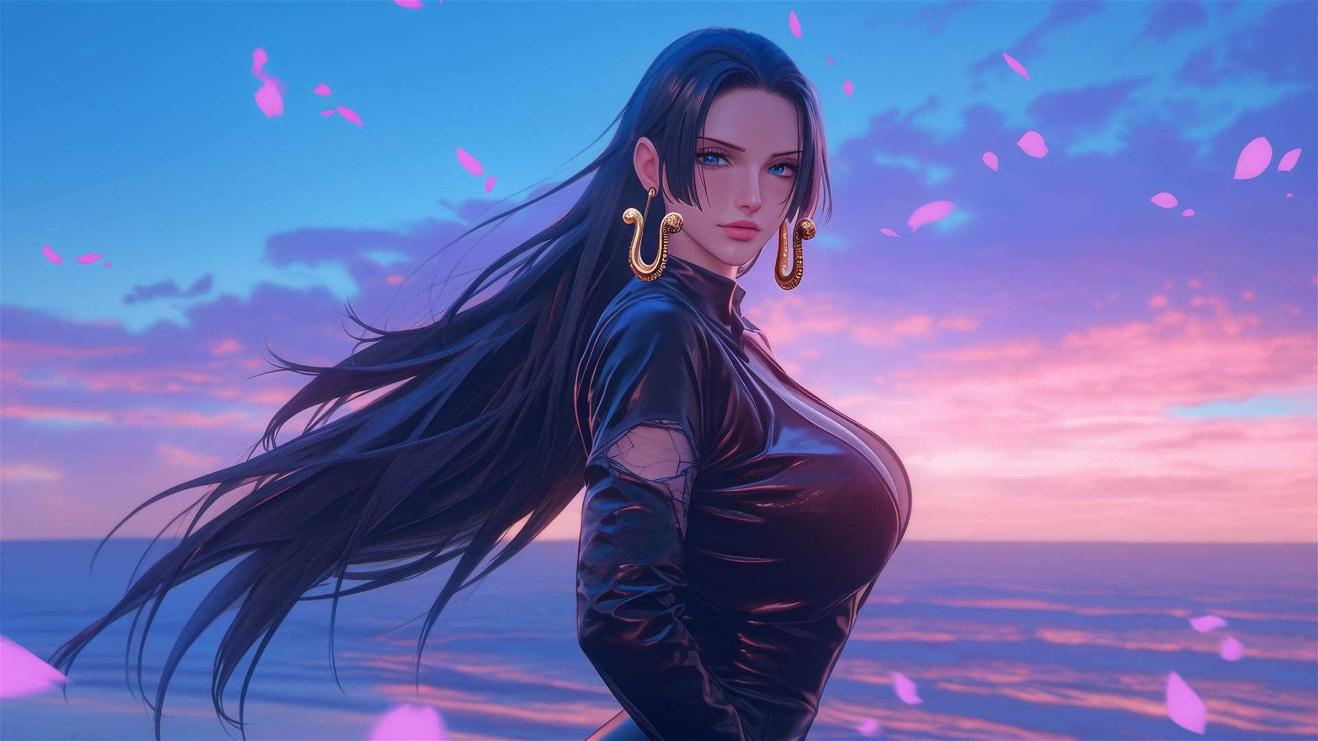 Boa Hancock from One Piece striding on a beach at sunset in a black and pink leather outfit.
