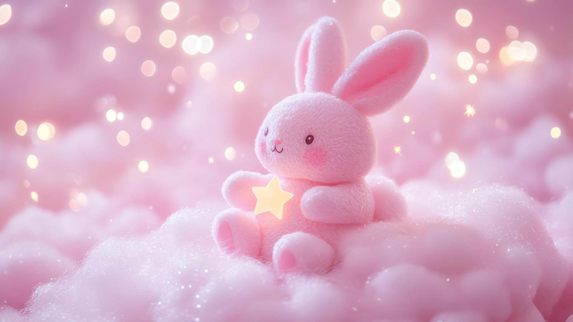 cute pink wallpaper with a kawaii pink bunny holding a tiny star on a fluffy pink cloud with soft sparkles