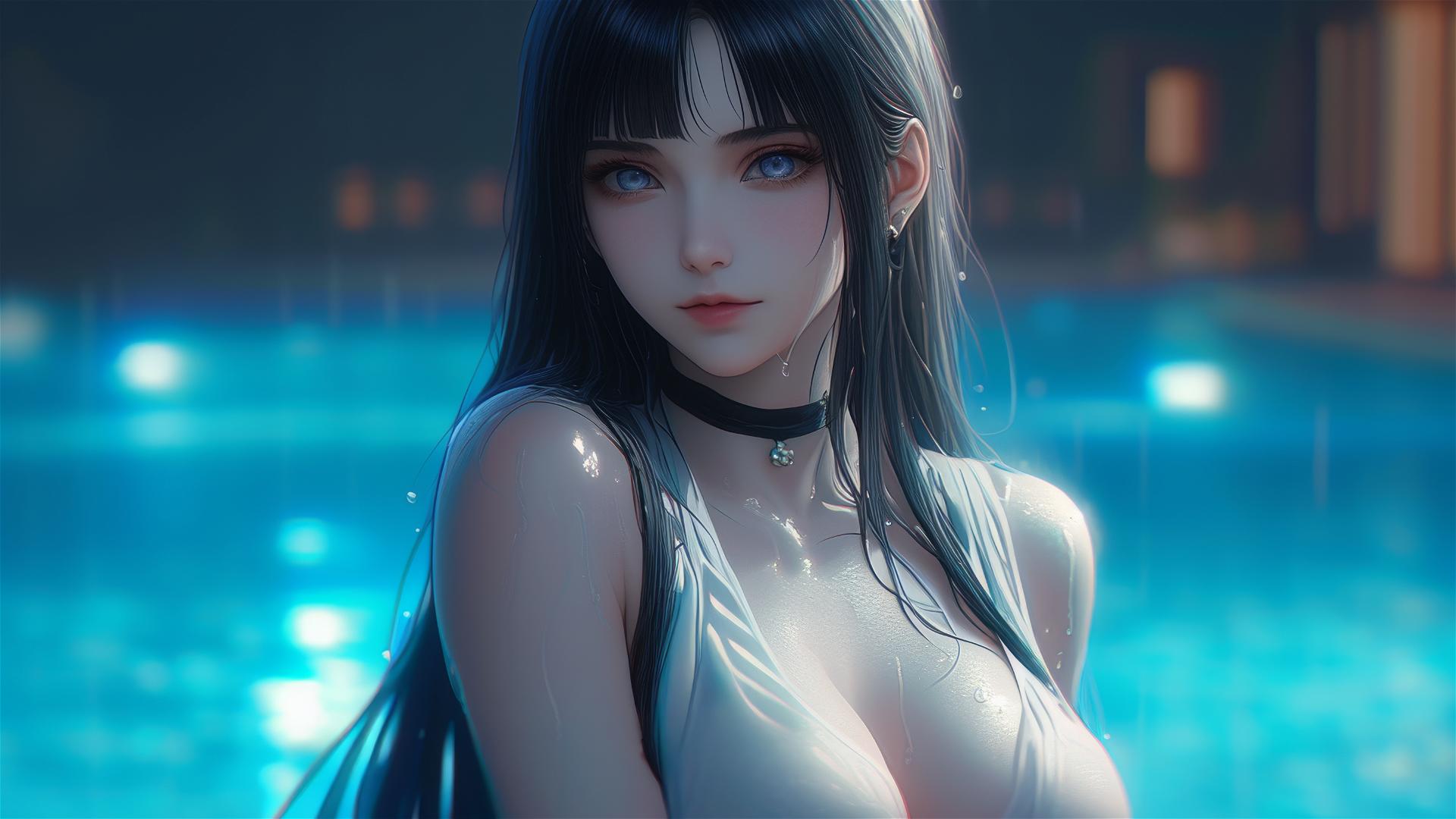 Hinata Hyuga resting by pool in moonlight, raindrops on water surface.