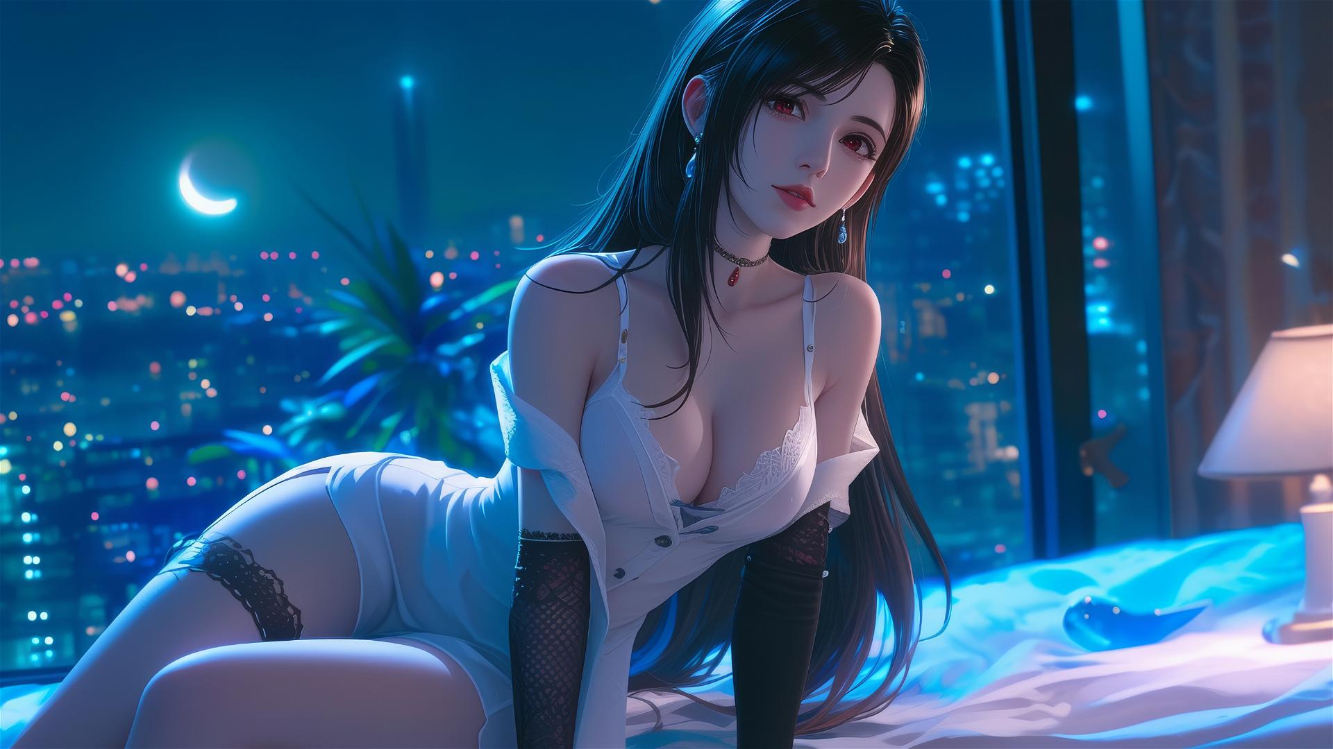 Tifa Lockhart in white pajamas resting under moonlight