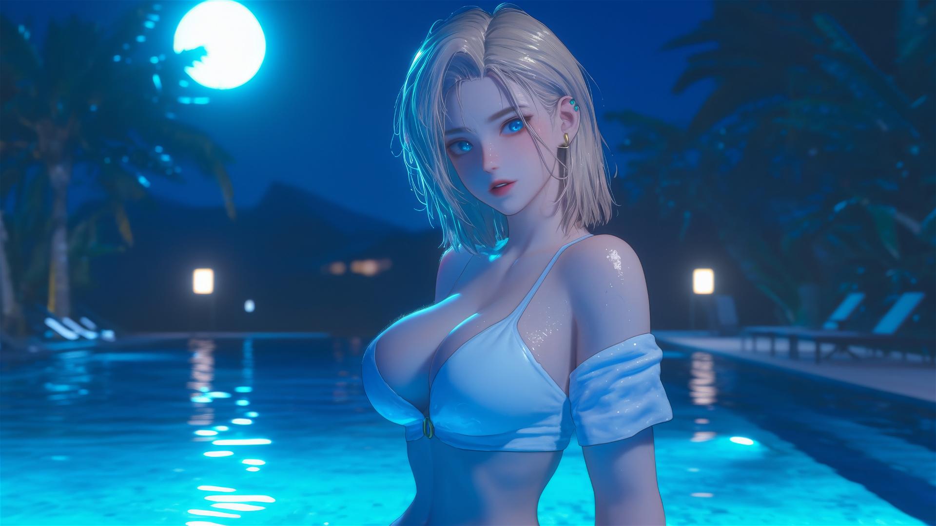 Android 18 from Dragon Ball resting by a rainy pool under moonlight